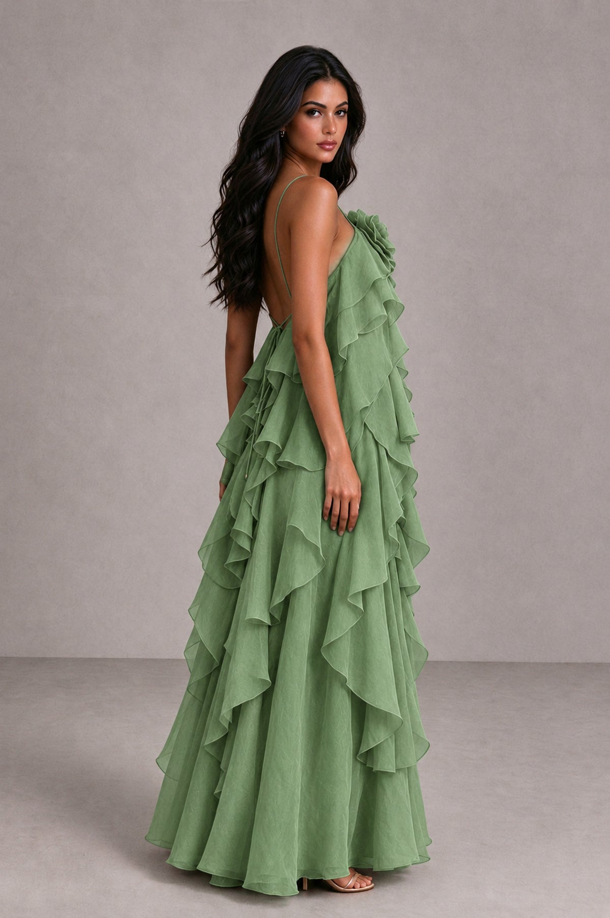 BOLODOO Sage Green Cascading Ruffle Rosette Open-Back Maxi Dress - Sage Green - Sage Green_3