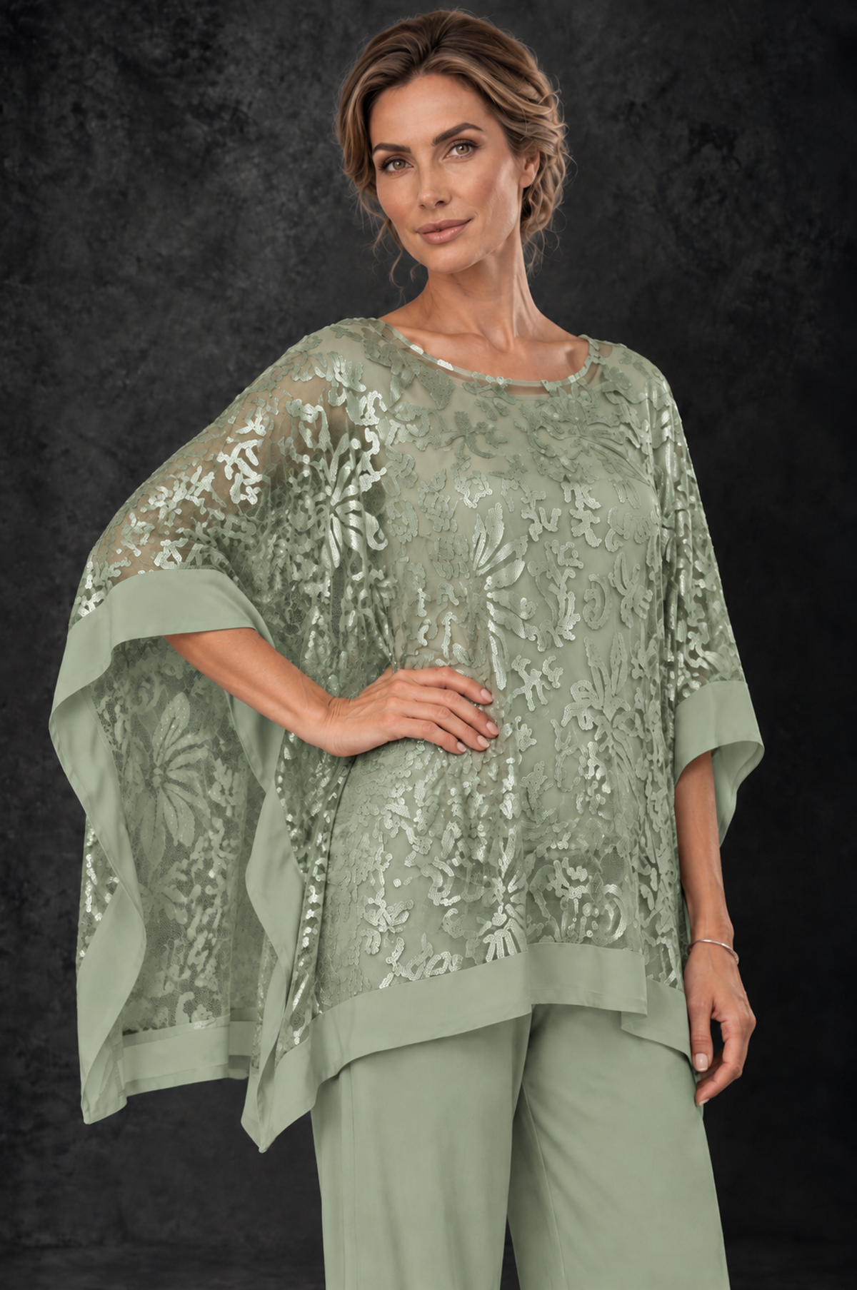 BOLODOO Sage Green Floral Cape Mother of the Bride Pant Suit - Sage Green - Sage_Green_3