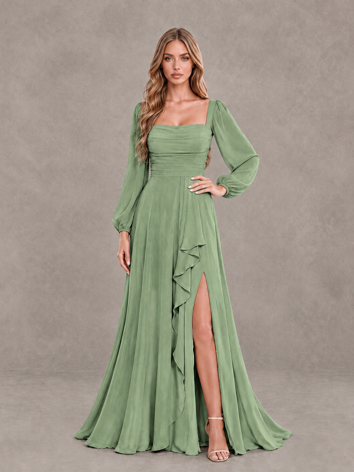 BOLODOO Sage Green Square Neck Long Sleeve Bridesmaid Dress with Ruffle Slit - Sage Green - Sage Green_3