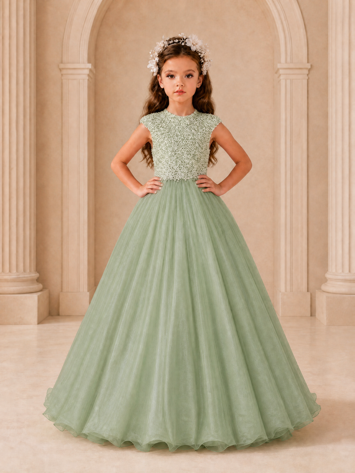 BOLODOO Sage Green Sequin Tulle Flower Girl Dress with Cap Sleeves - Sage Green - Sage Green_3