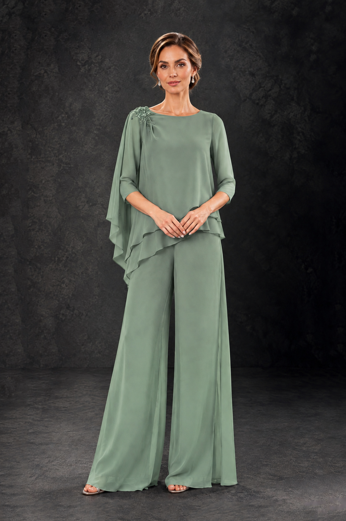 BOLODOO Sage Green Layered Wide-Leg Mother of the Bride Pant Suit - Sage Green - Sage Green_3