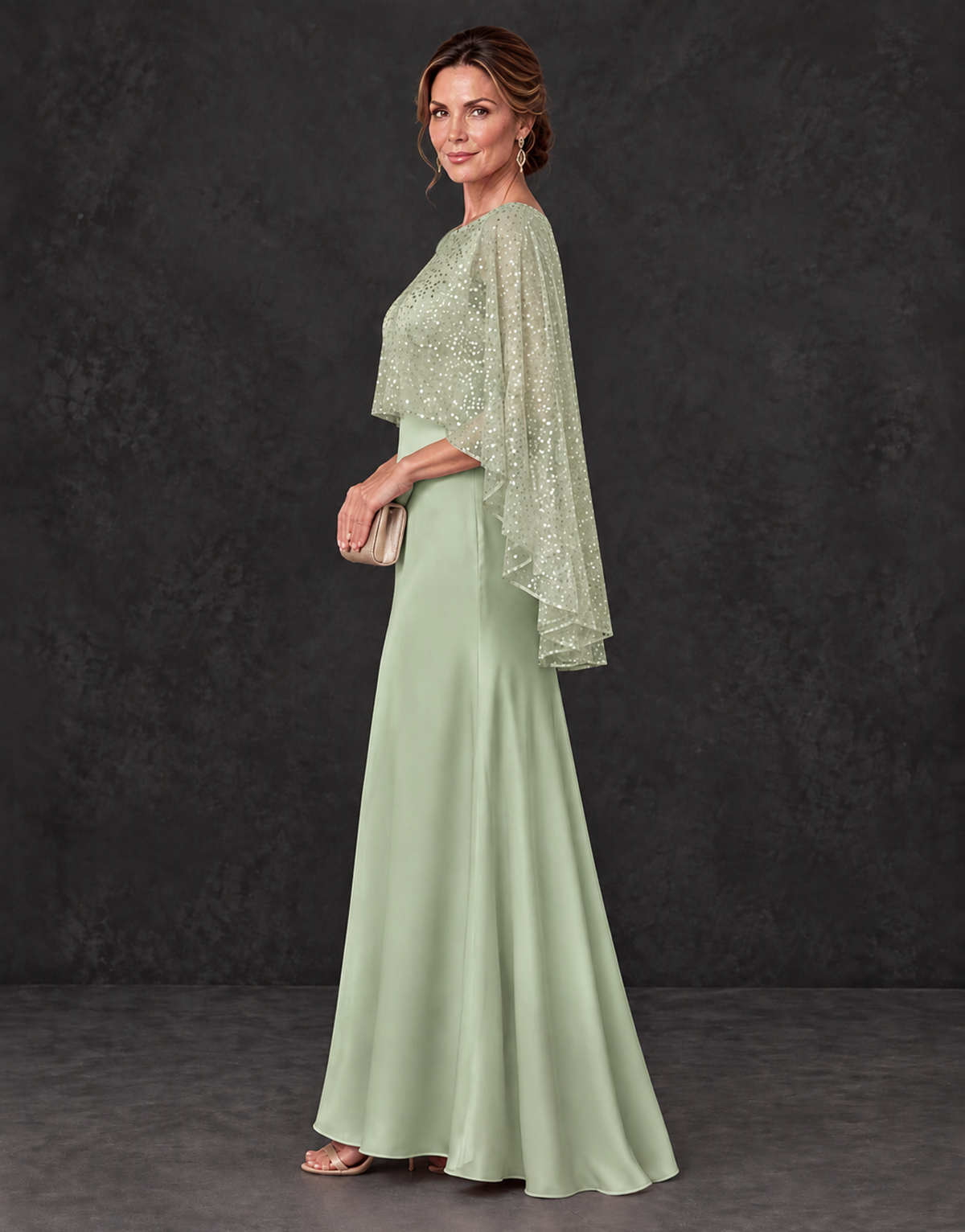 BOLODOO Sage Green Sparkle Cape Sleeve Mother of the Bride Dress - Sage Green - Sage_Green_3