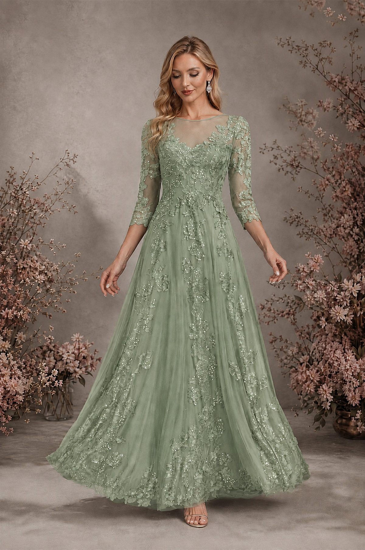 BOLODOO Sage Green Sequin Lace 3/4 Sleeve Open Back Formal Evening Gown - Sage Green
