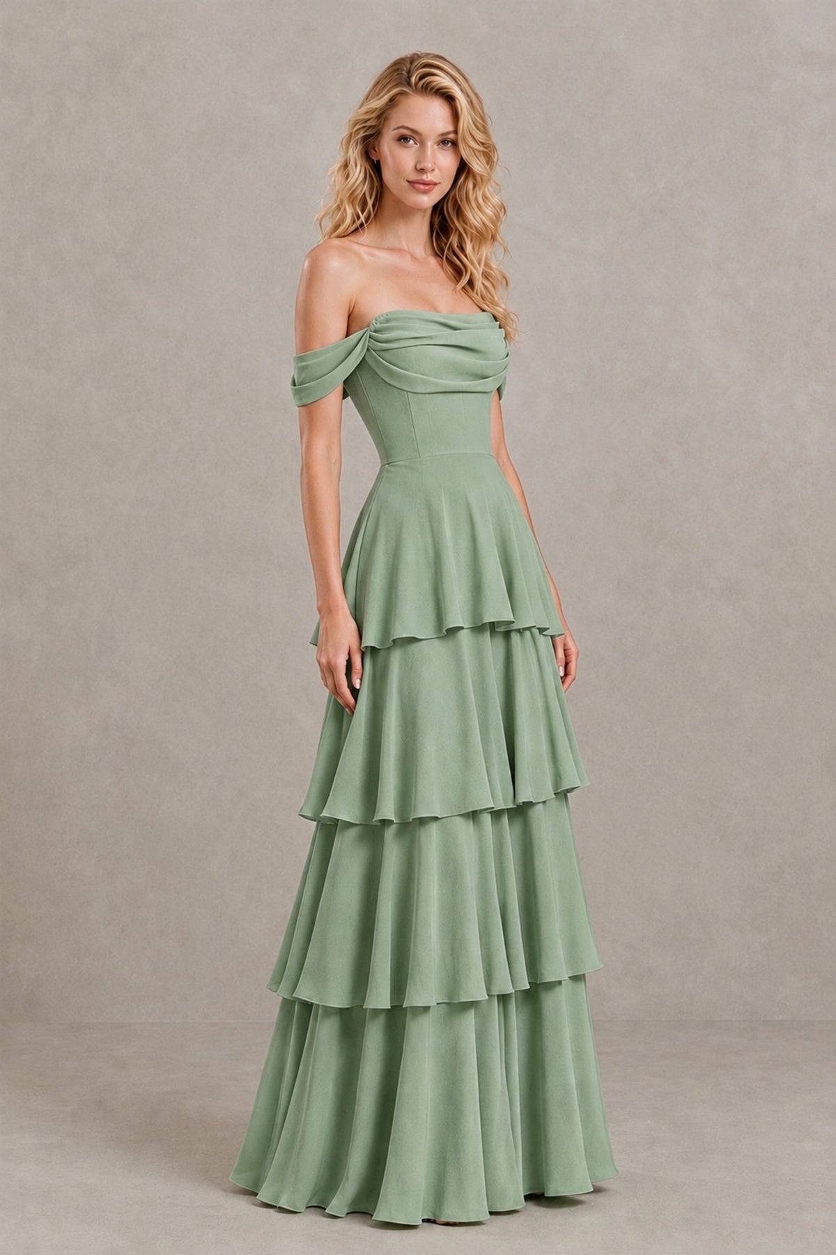 BOLODOO Sage Green Off-the-Shoulder Tiered A-Line Evening Bridesmaid Dress - Sage Green - Sage Green_3