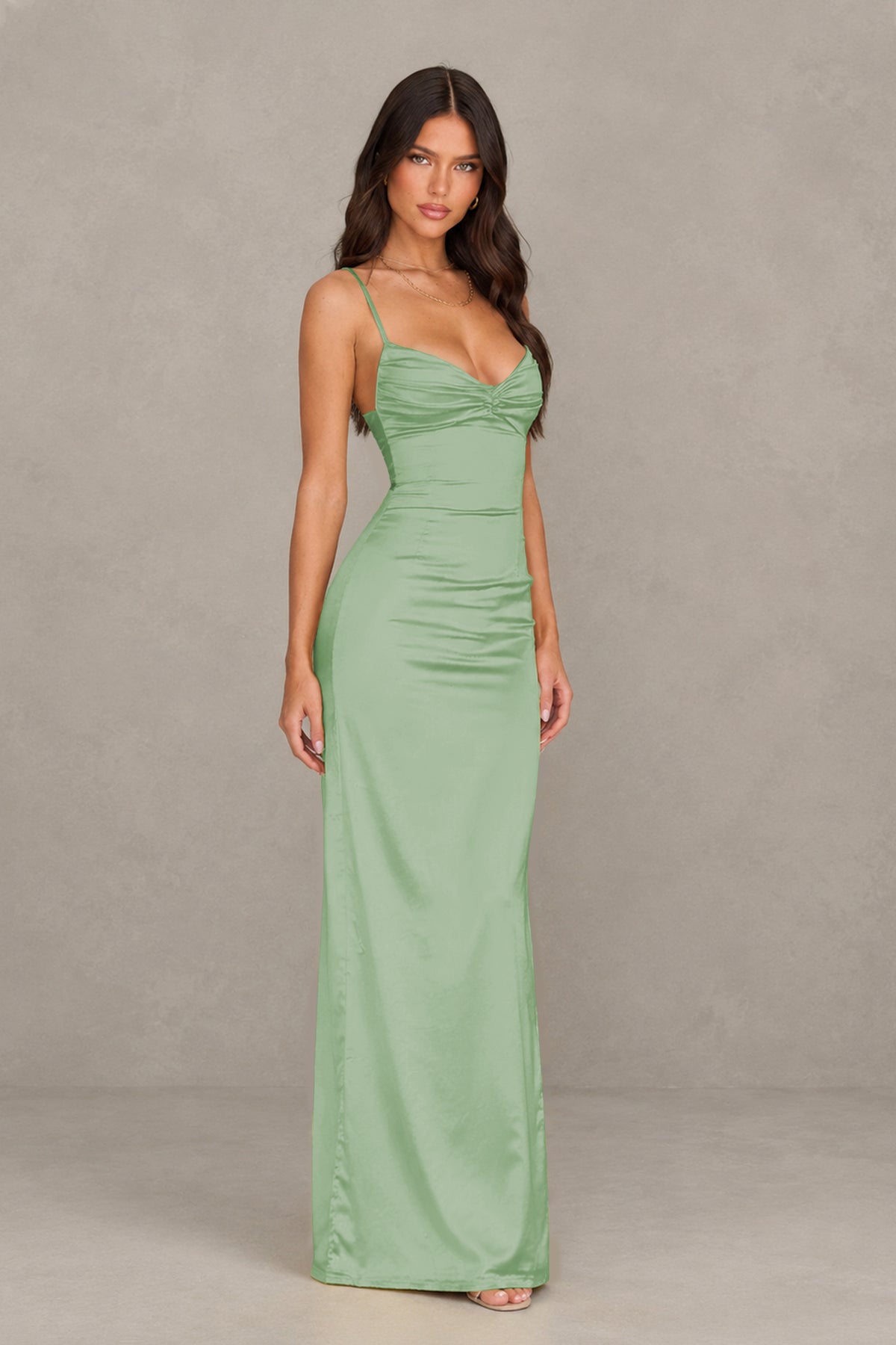 BOLODOO Sage Green Satin Cowl Neck Open Back Mermaid Maxi Dress with Side Slit - Sage Green