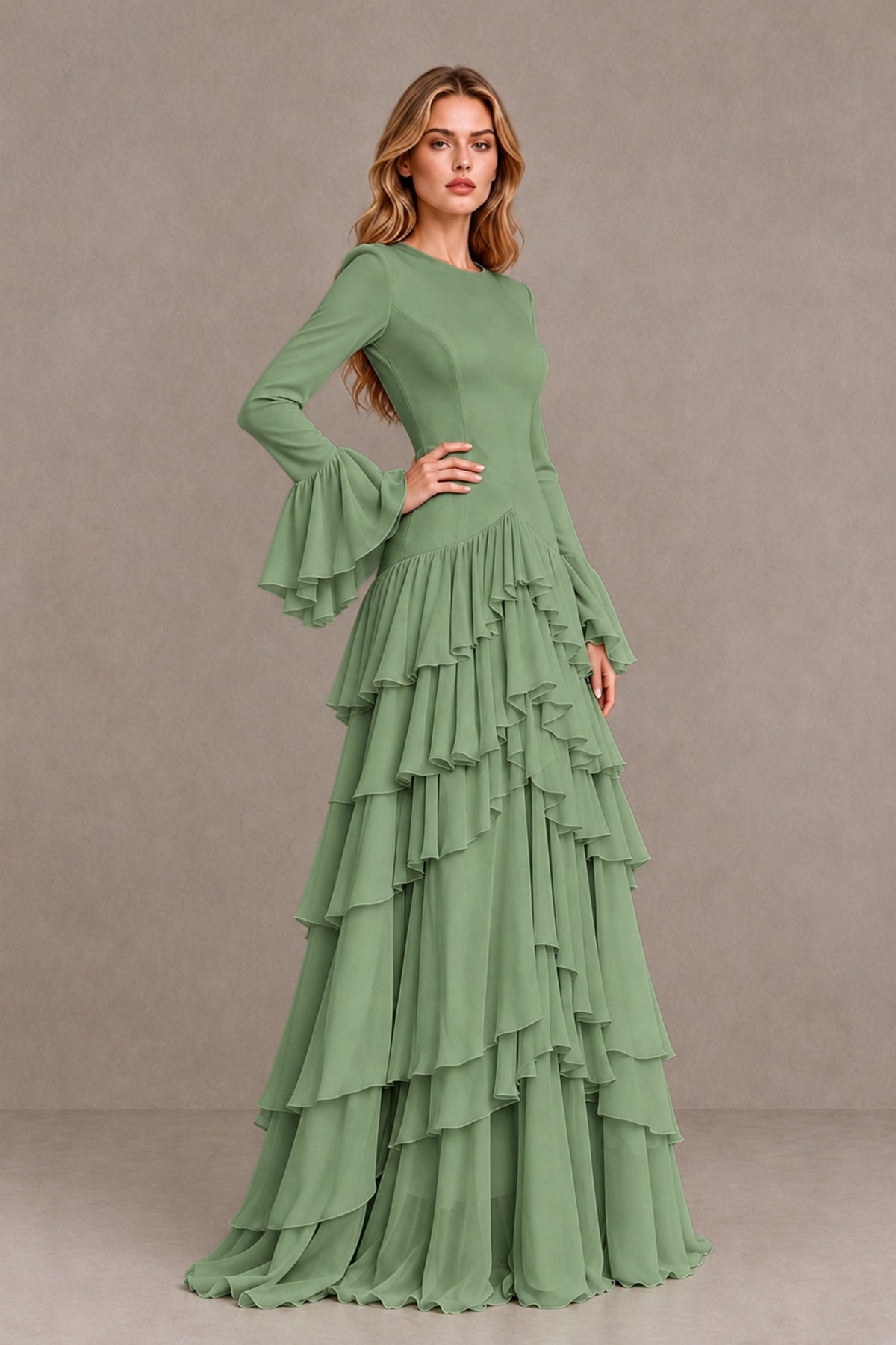 Sage Green Long Sleeve Tiered Ruffle Evening Gown - Sage Green - Sage Green_3