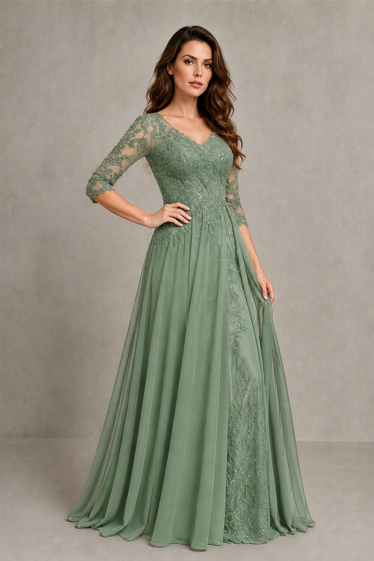 BOLODOO Midnight Sage Green Beaded Lace Appliqué Chiffon A-Line Gown | Mother of the Bride & Formal Evening Dress - Sage Green - Sage Green_3