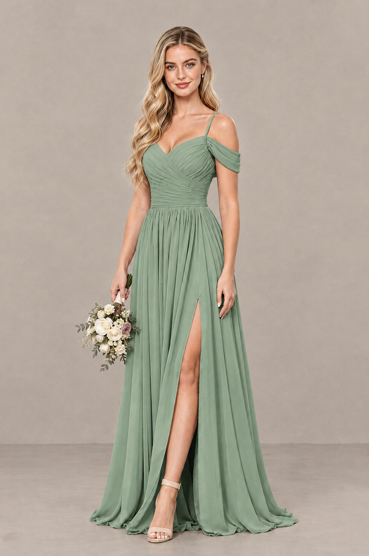 BOLODOO Sage Green Off-Shoulder Bridesmaid Dress with Slit - Sage Green