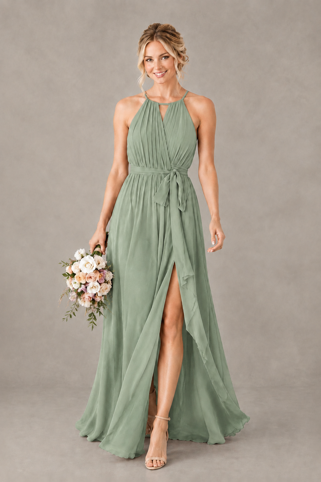 BOLODOO Sage Green Halter Chiffon Bridesmaid Dress with High Slit - Sage Green