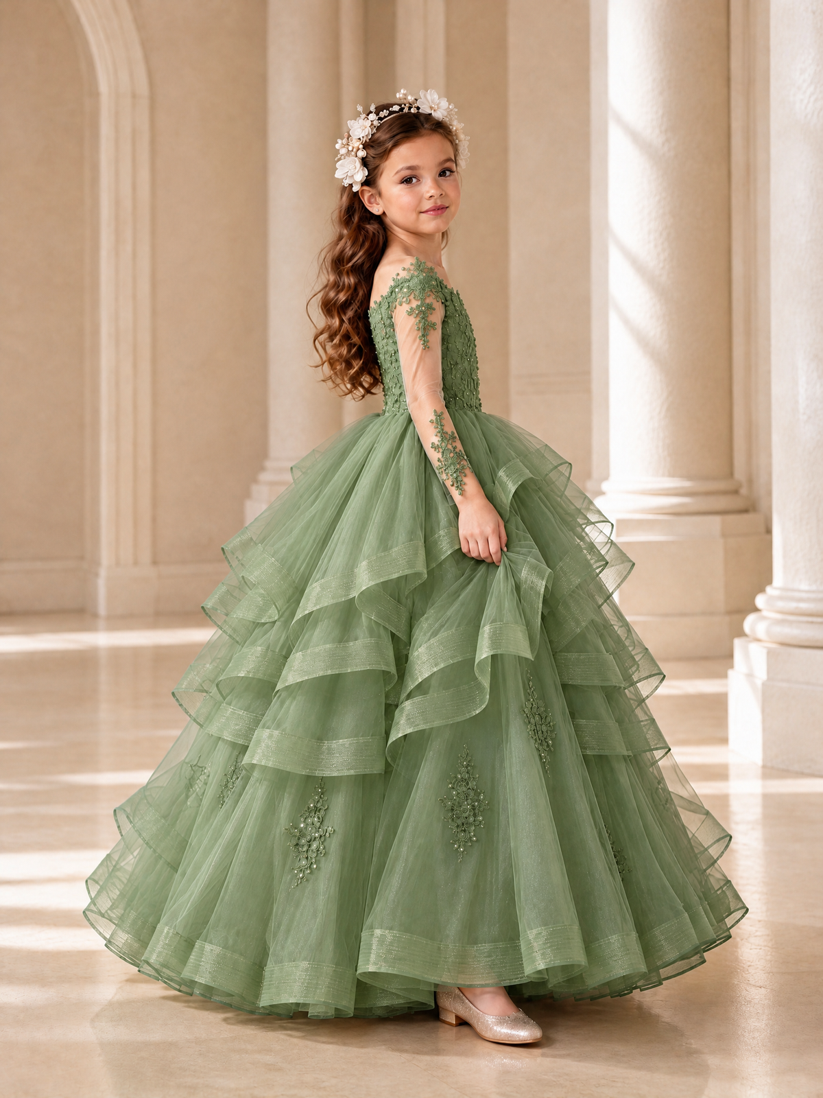 BOLODOO Sage Green Lace Long Sleeve Tiered Flower Girl Dress - Sage Green - Sage_Green_3