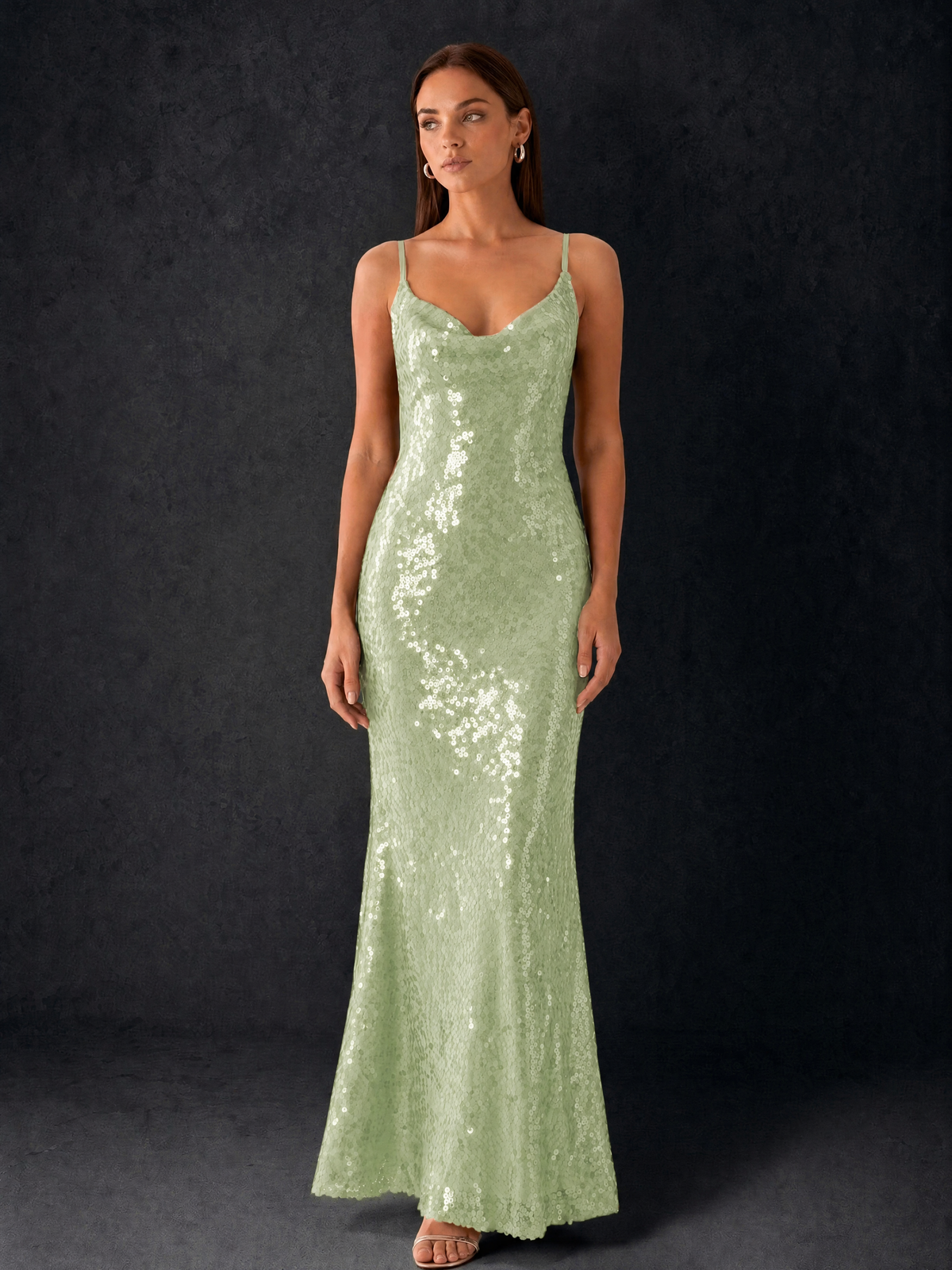 BOLODOO Bronze Sequin Cowl Neck Spaghetti Strap Mermaid Maxi Dress with Open Criss-Cross Back - Sage Green - Sage Green