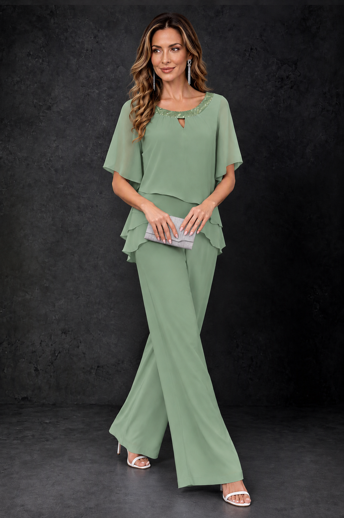 BOLODOO Sage Green Layered Chiffon-Look Mother of the Bride Pantsuit - Sage Green - Sage_Green_3