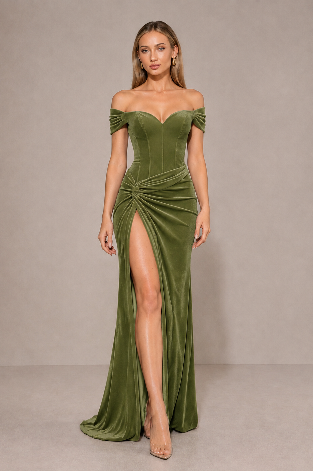 BOLODOO Sage Green Velvet Off-Shoulder Ruched High Slit Evening Dress - Sage Green - Sage_Green_3