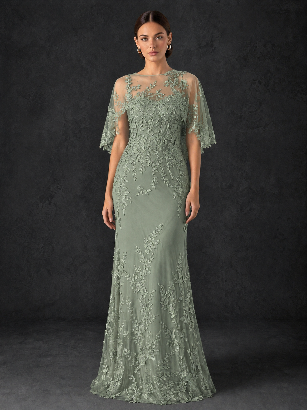 BOLODOO Mocha Sage Green Botanical Lace Flutter Sleeve Mermaid Gown - Sage Green