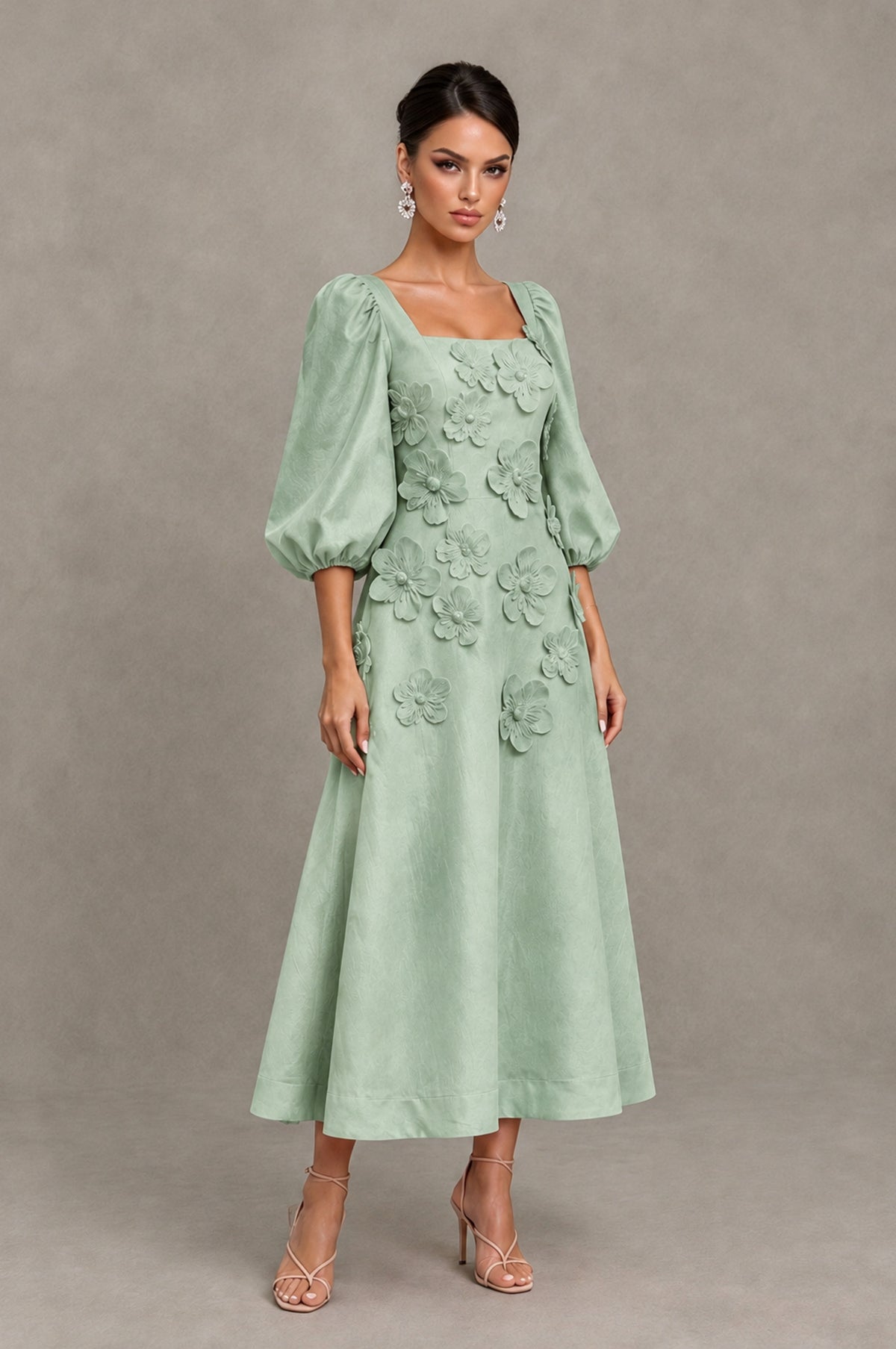 BOLODOO Sage Green 3D Floral Puff Sleeve Midi Cocktail Dress - Sage Green - Sage Green_3