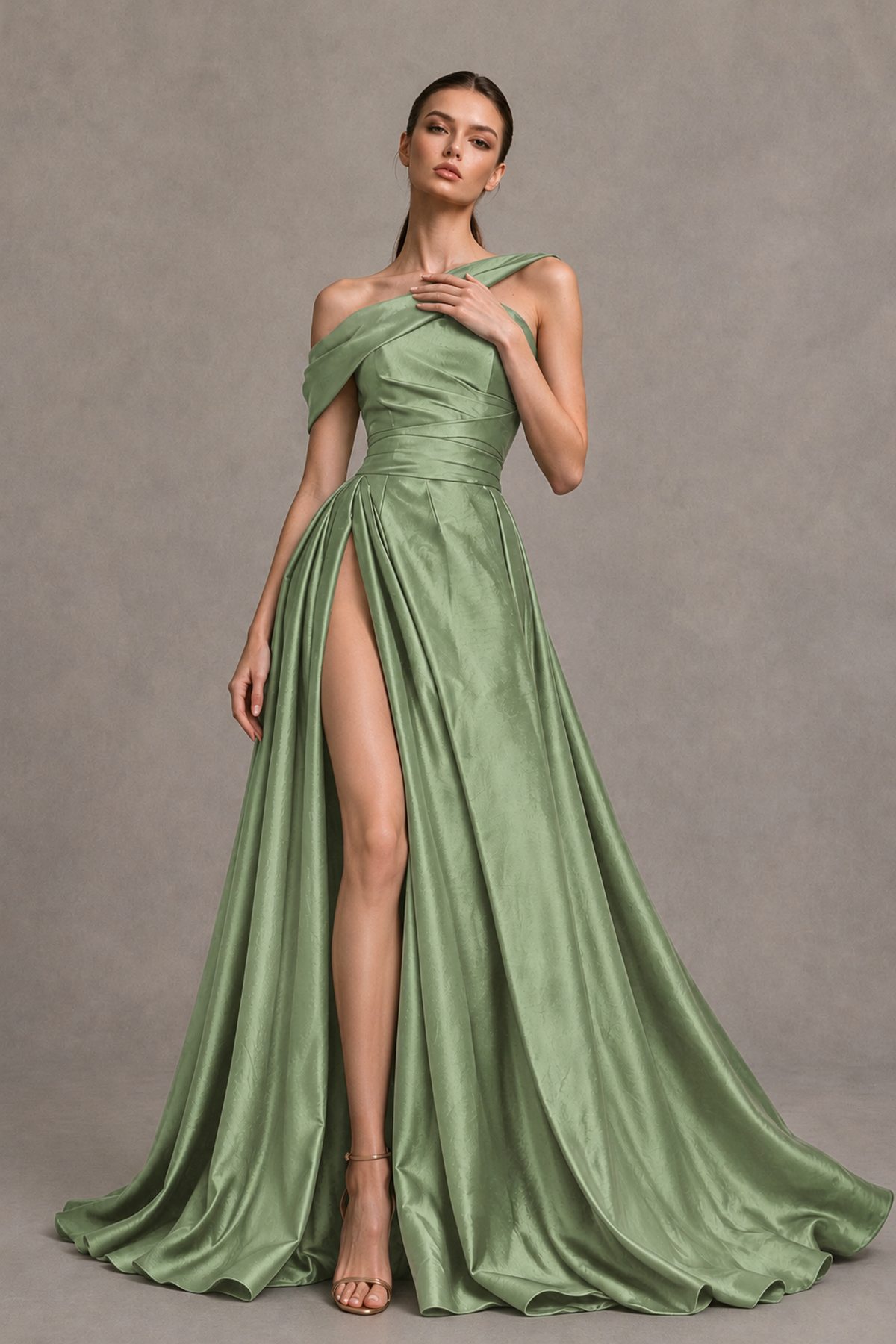 BOLODOO Sage Green Asymmetric Satin-Look A-Line Prom Dress with High Slit - Sage Green - Sage Green_3