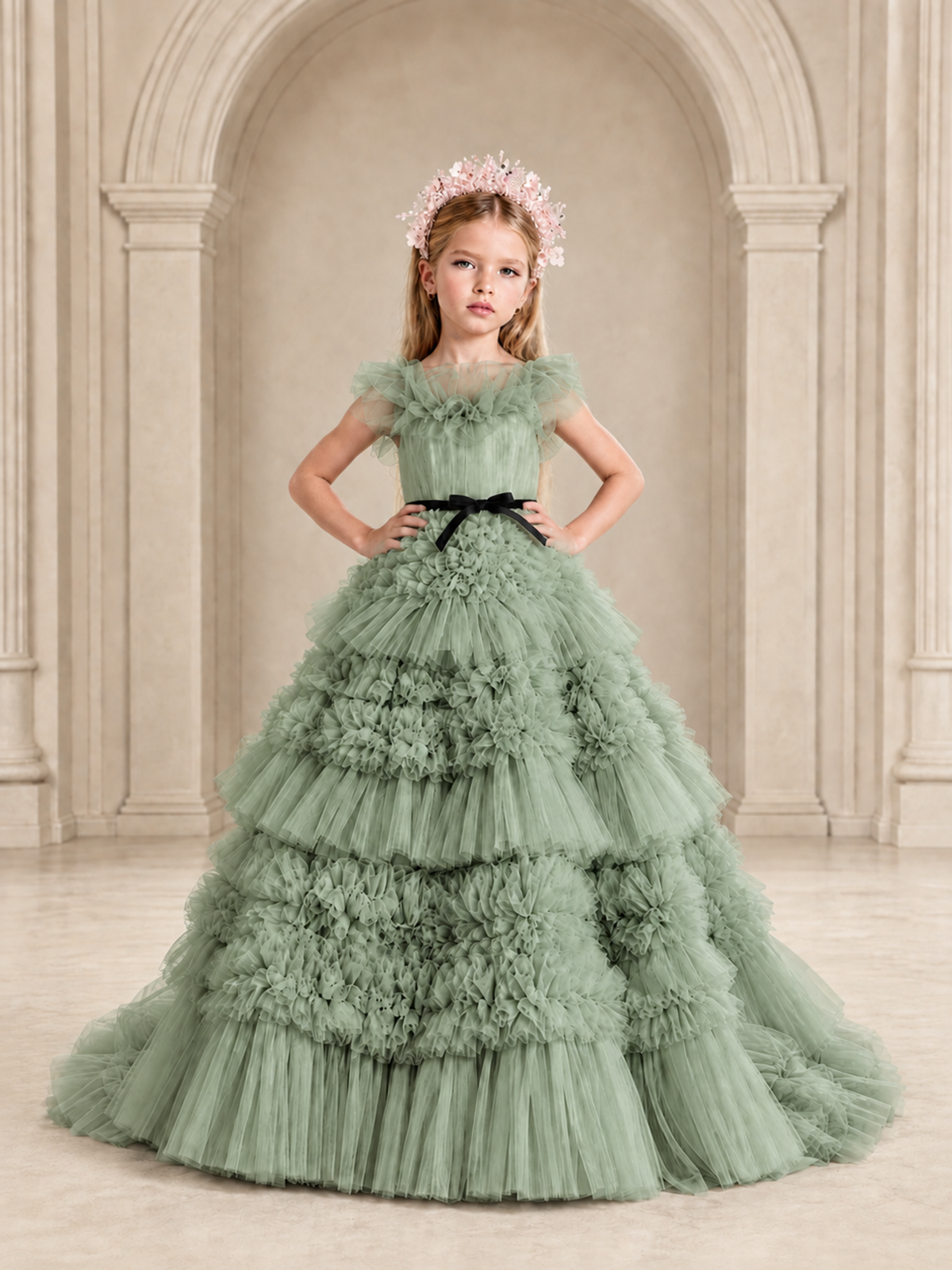 BOLODOO Sage Green Tiered Tulle Flower Girl Dress with Floral Appliques - Sage Green - Sage Green_3