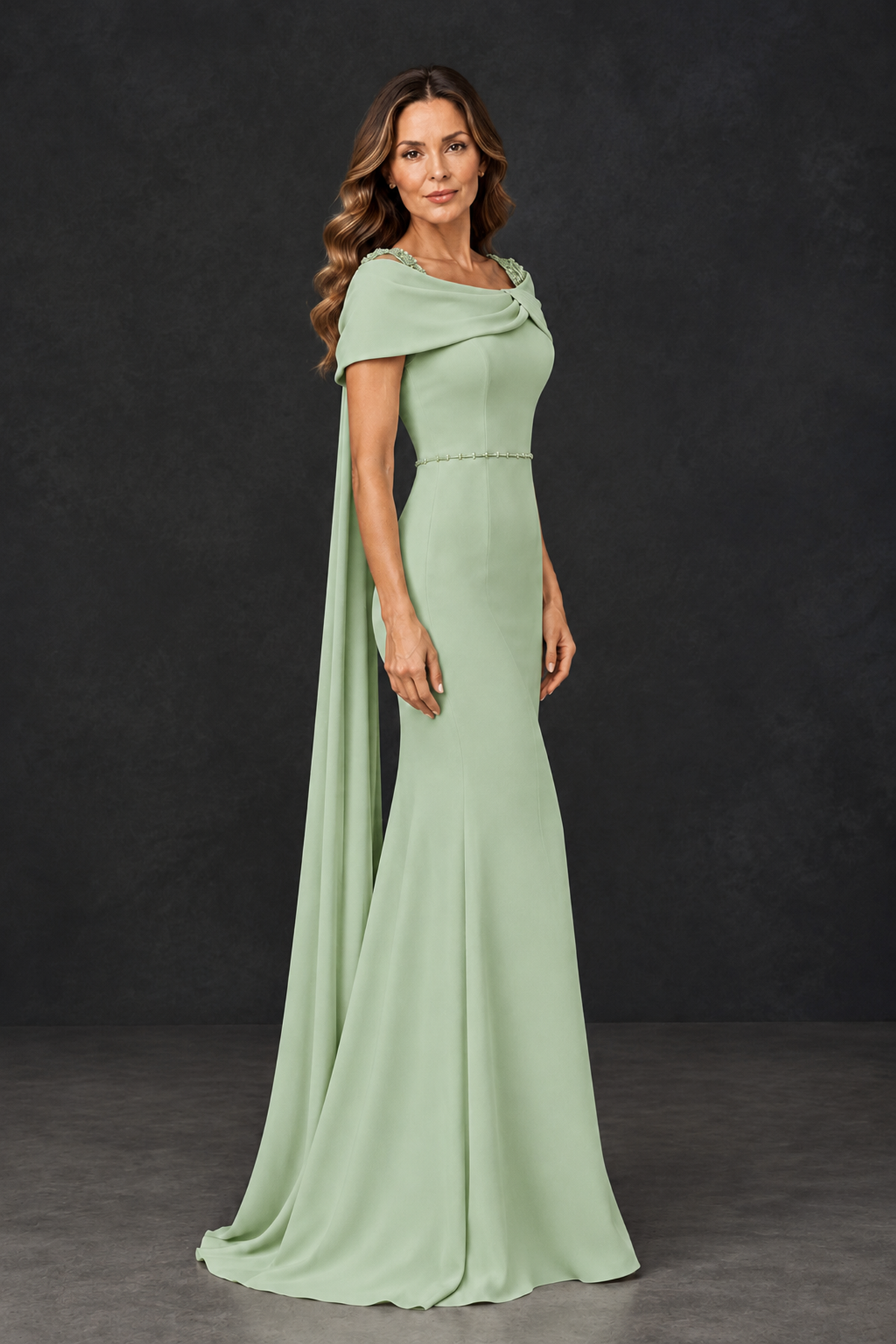BOLODOO Sage Green Mother of the Bride Dress with Draped Cape Detail - Sage Green - Sage_Green_3