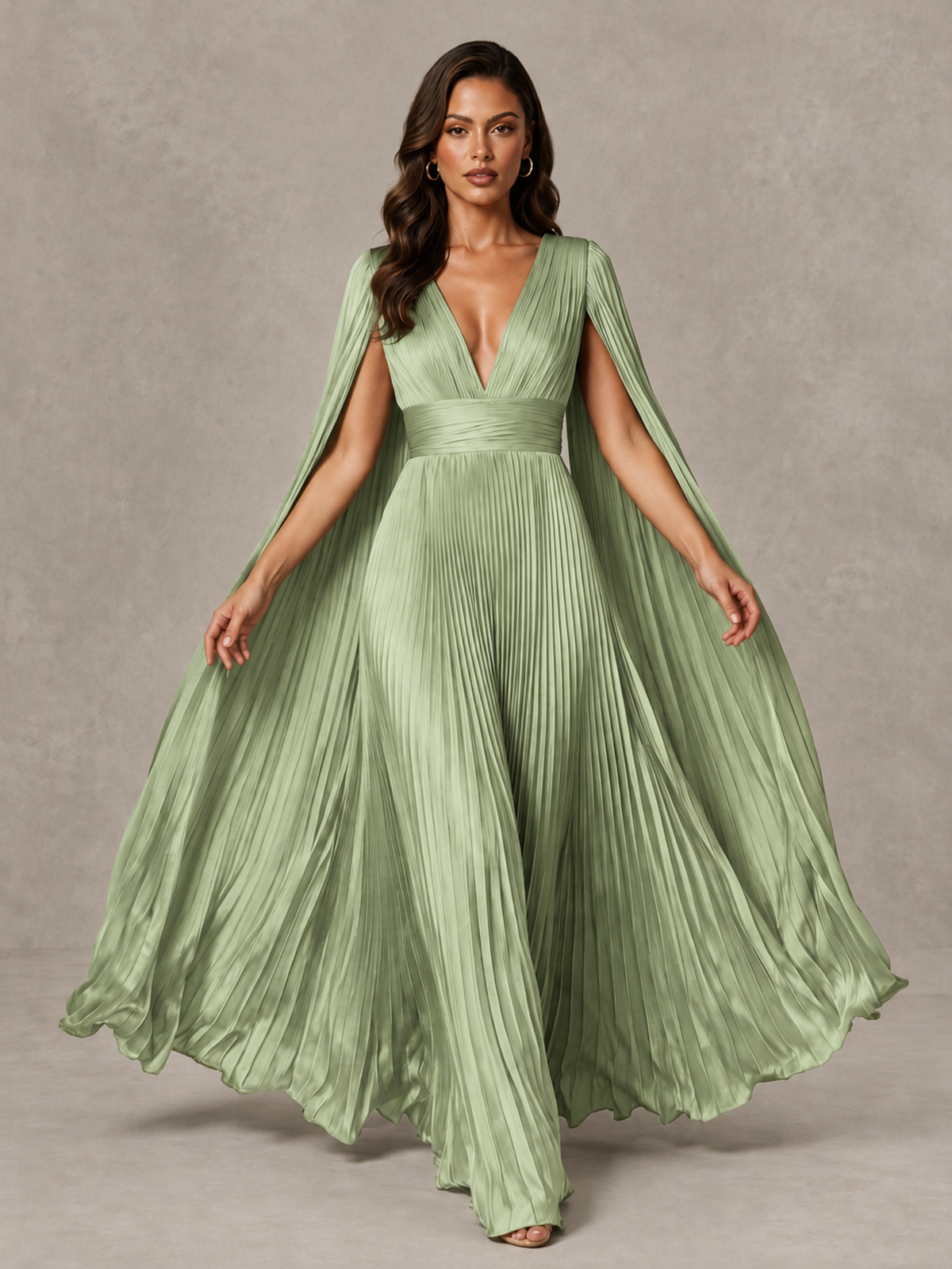 BOLODOO Sage Green Deep V-Neck Pleated Cape Sleeve Evening Gown - Sage Green - Sage Green_3