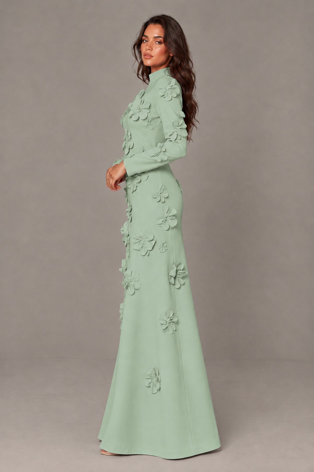 BOLODOO Sage Green High Neck Long Sleeve 3D Floral Evening Gown - Sage Green