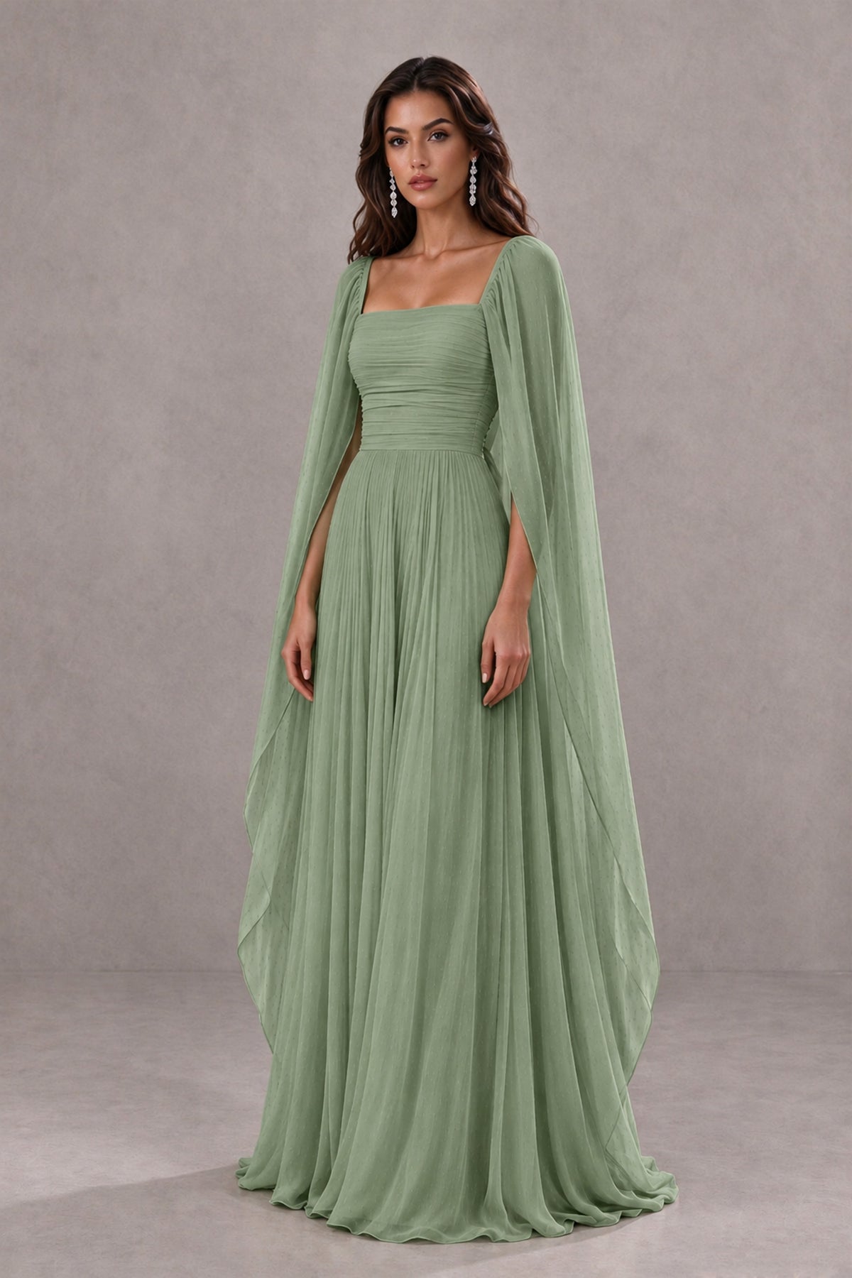 BOLODOO Sage Green Square Neck Cape Sleeve A-Line Evening Dress - Sage Green - Sage_Green_3