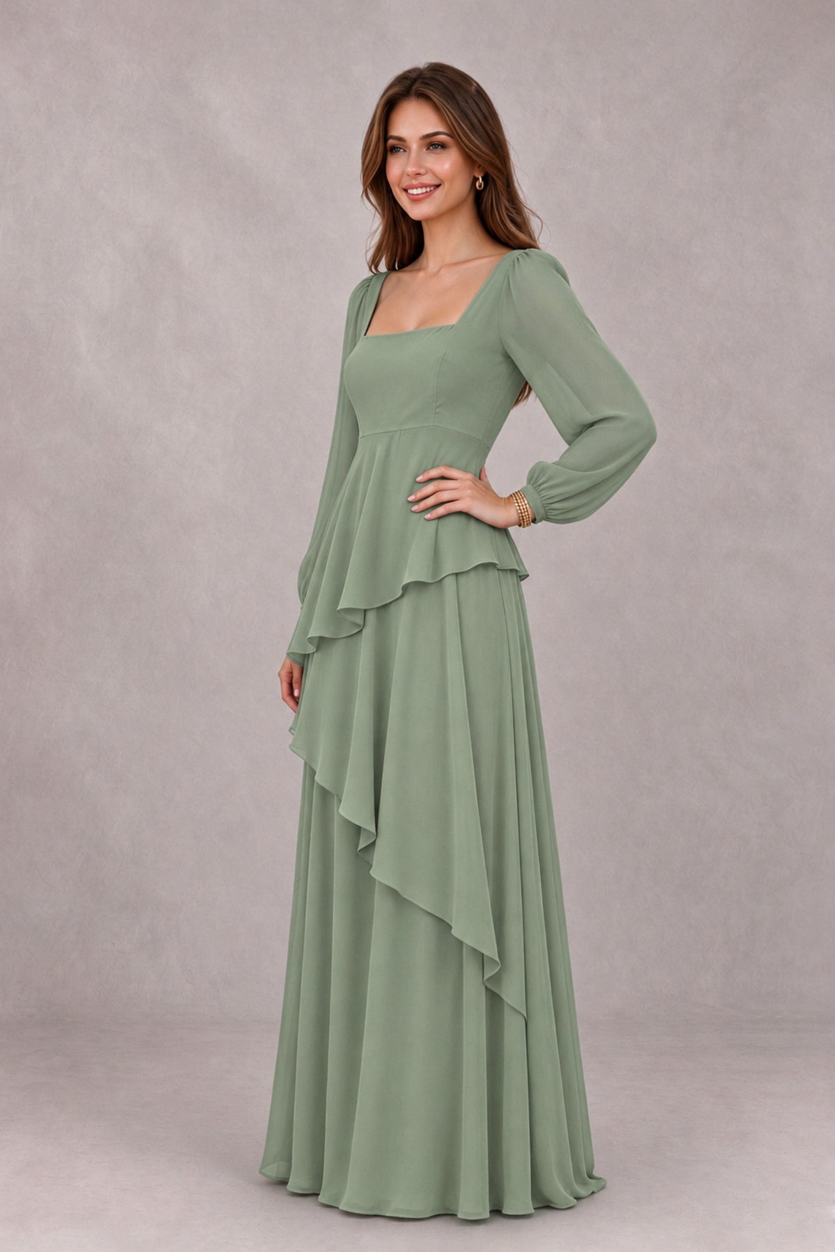 BOLODOO Sage Green Long Sleeve Ruffle Bridesmaid Dresses - Sage Green - Sage Green_3