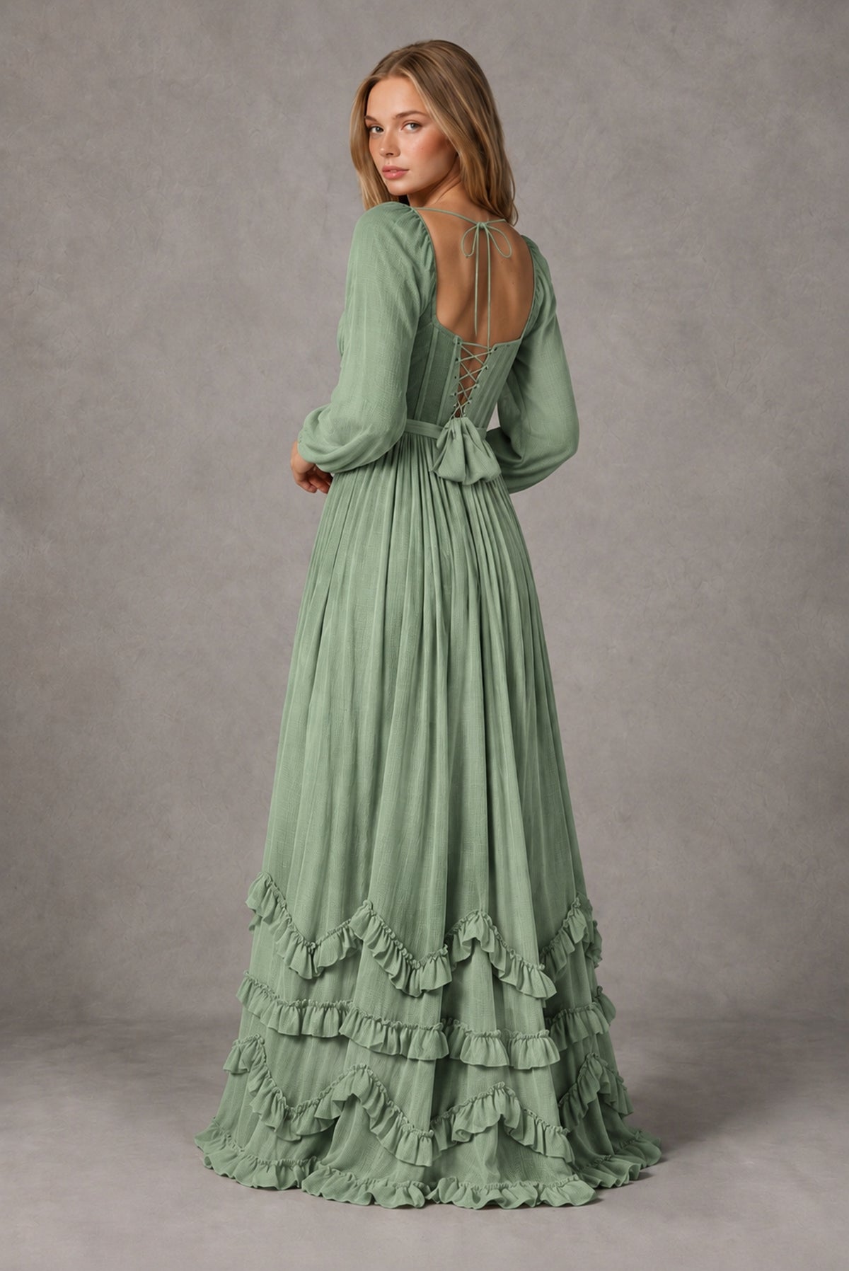 Sage Green Long-Sleeve Ruffle Maxi Dress with Lace-Up Back and Slit - Sage Green
