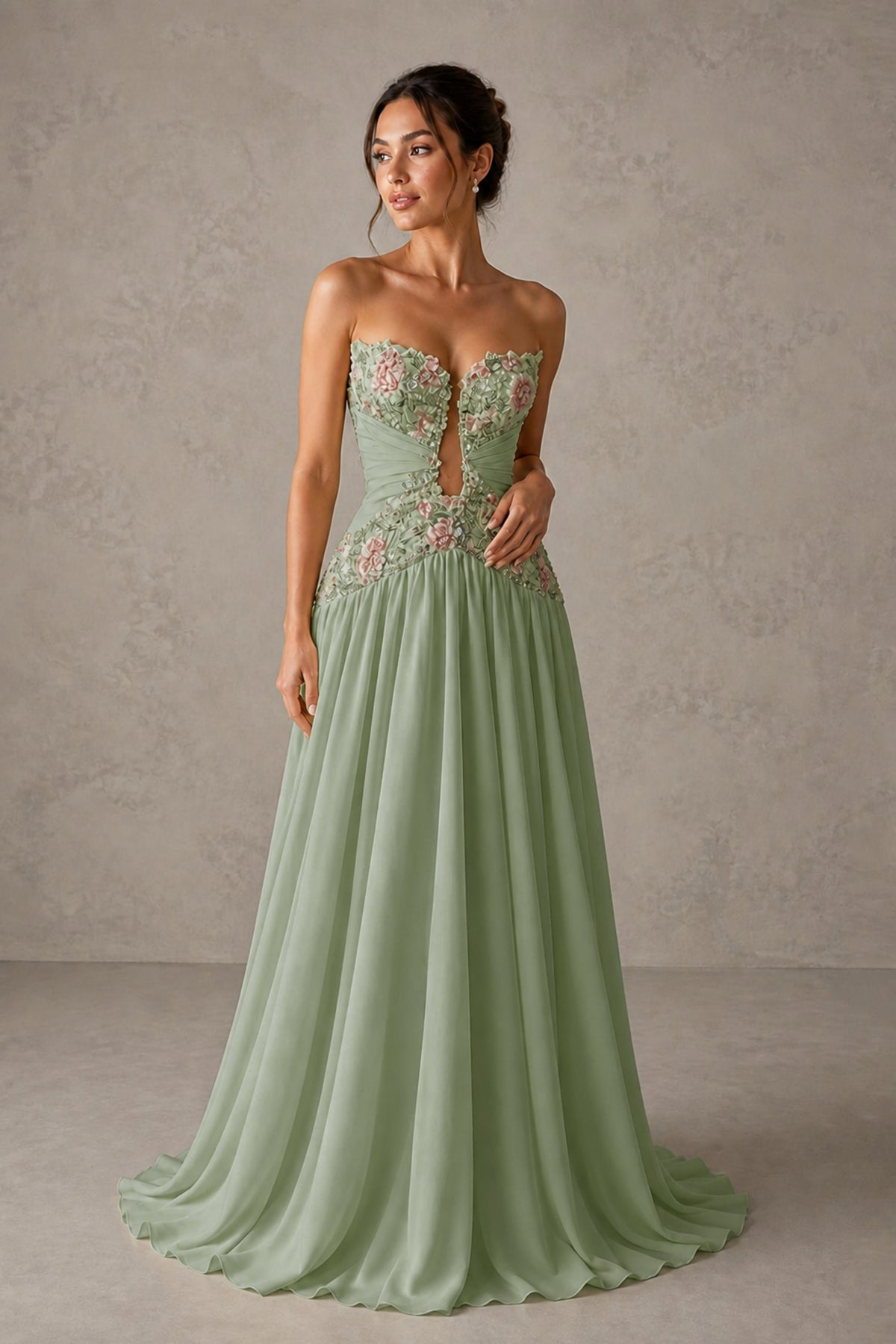 Sage Green Strapless Sweetheart A-Line Chiffon Gown with 3D Floral Appliques & Cutout | BOLODOO - Sage Green