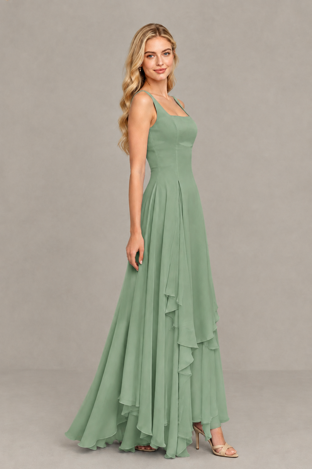 BOLODOO Sage Green Square Neck Chiffon Bridesmaid Dress with Lace-Up Back - Sage Green