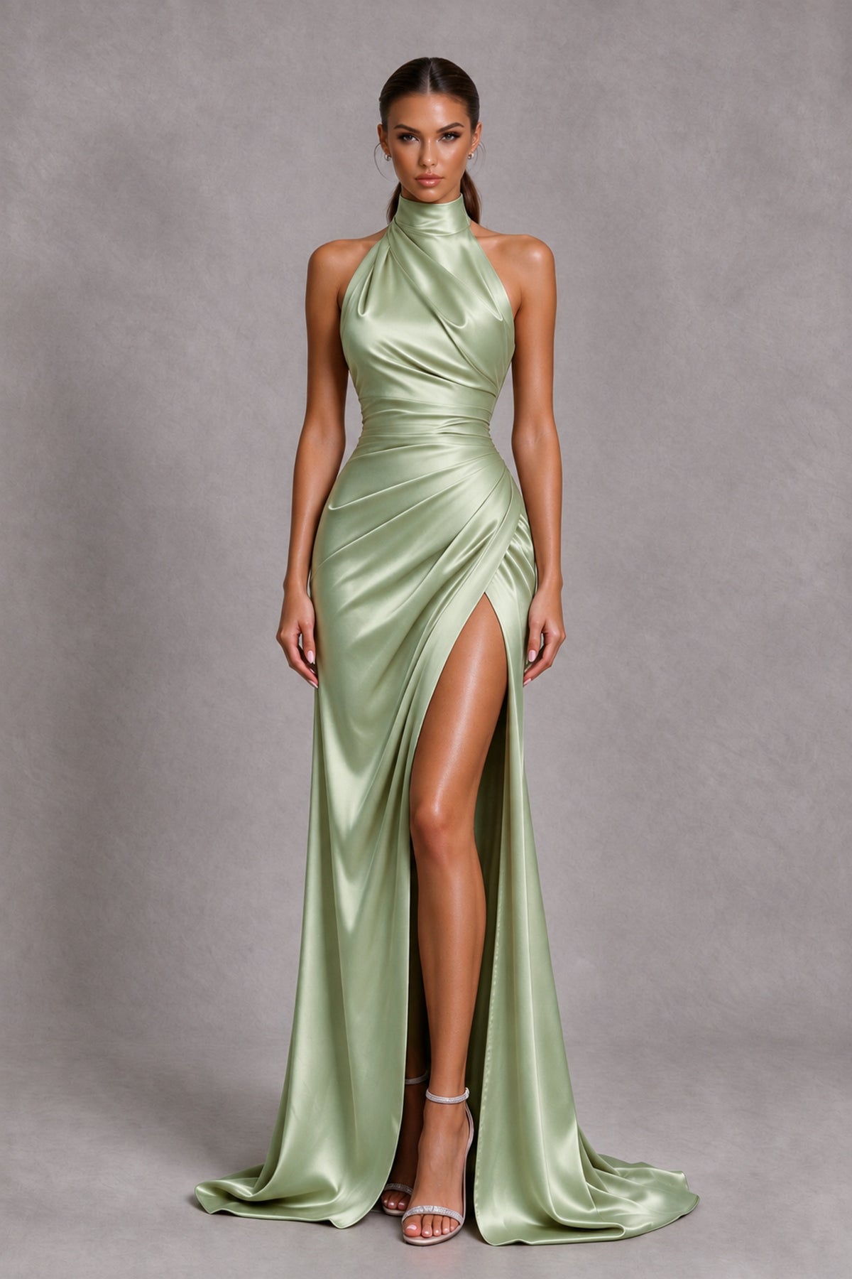 BOLODOO Sage Green Halter Satin-Look Evening Gown with High Slit - Sage Green - Sage Green_3
