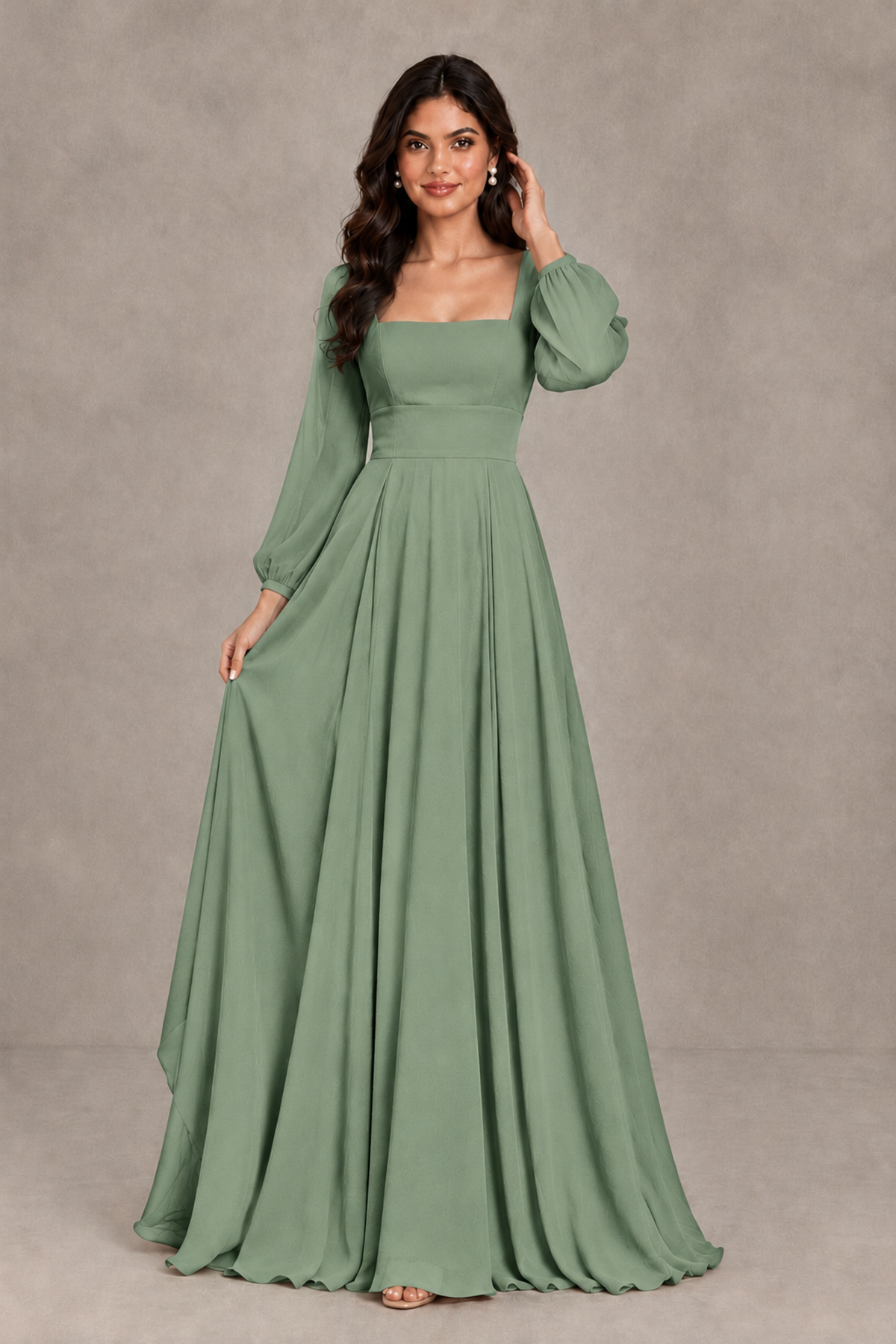 BOLODOO Sage Green Square Neck Long Sleeve A-Line Bridesmaid Dress - Sage Green - Sage Green_3