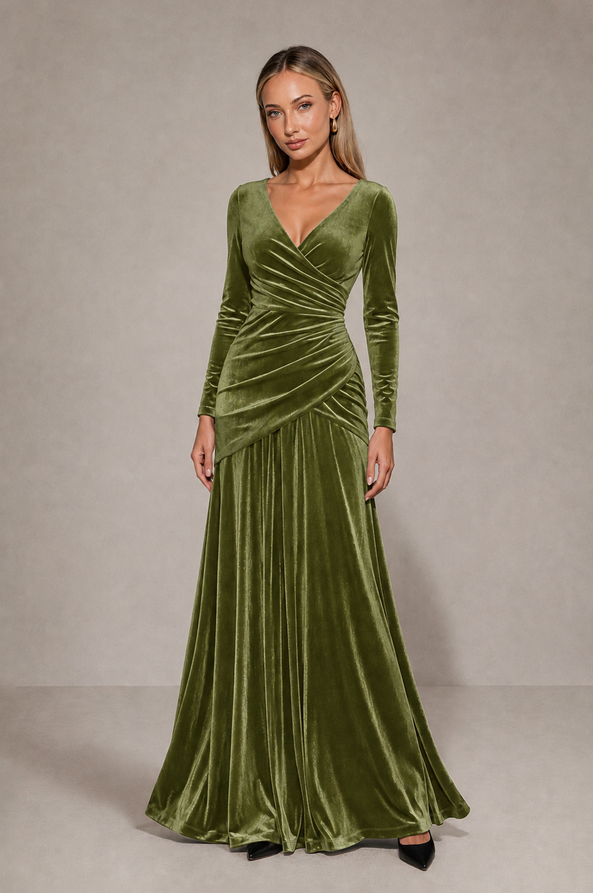 BOLODOO Sage Green Velvet Long Sleeve V-Neck Ruched Evening Dress - Sage Green - Sage_Green_3