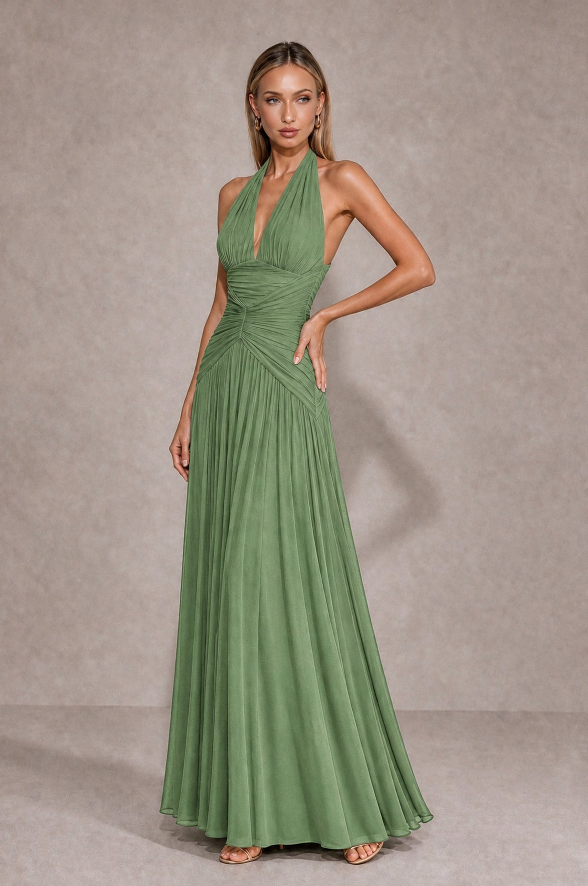BOLODOO Sage Green Chiffon Halter Deep V-Neck Ruched A-Line Backless Maxi Dress with Train-BD0167 - Sage Green - Sage Green_3