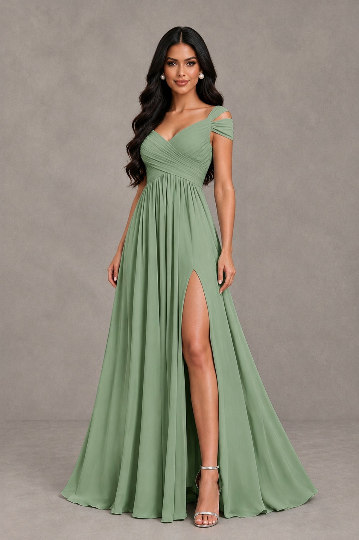 BOLODOO Sage Green Cold Shoulder Chiffon Evening Dress with V Neck and High Slit - Sage Green - Sage Green_3