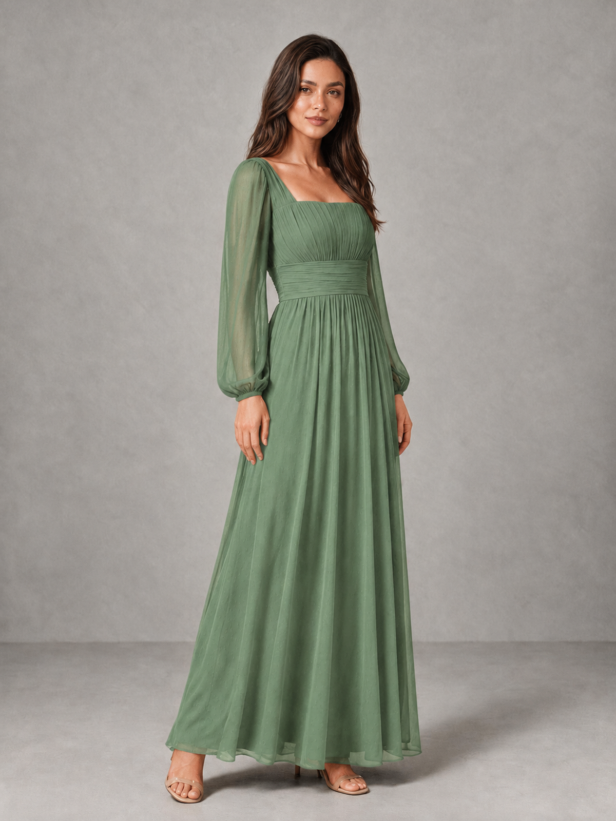 BOLODOO Sage Green Square Neck Long Sleeve Chiffon Bridesmaid Dress - Sage Green - Sage Green_3