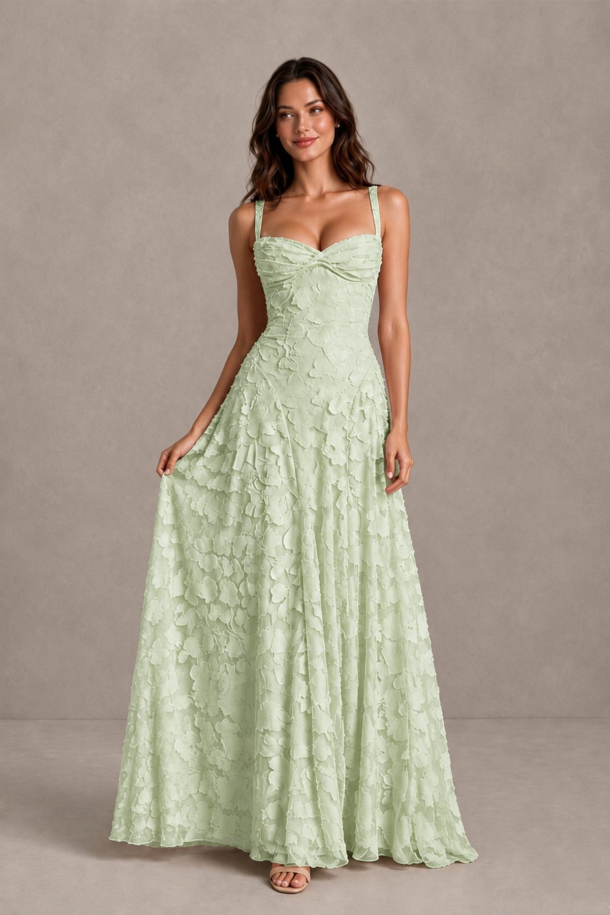 BOLODOO Sage Green Floral-Textured A-Line Dress with Lace-Up Back - Sage Green - Sage Green_3
