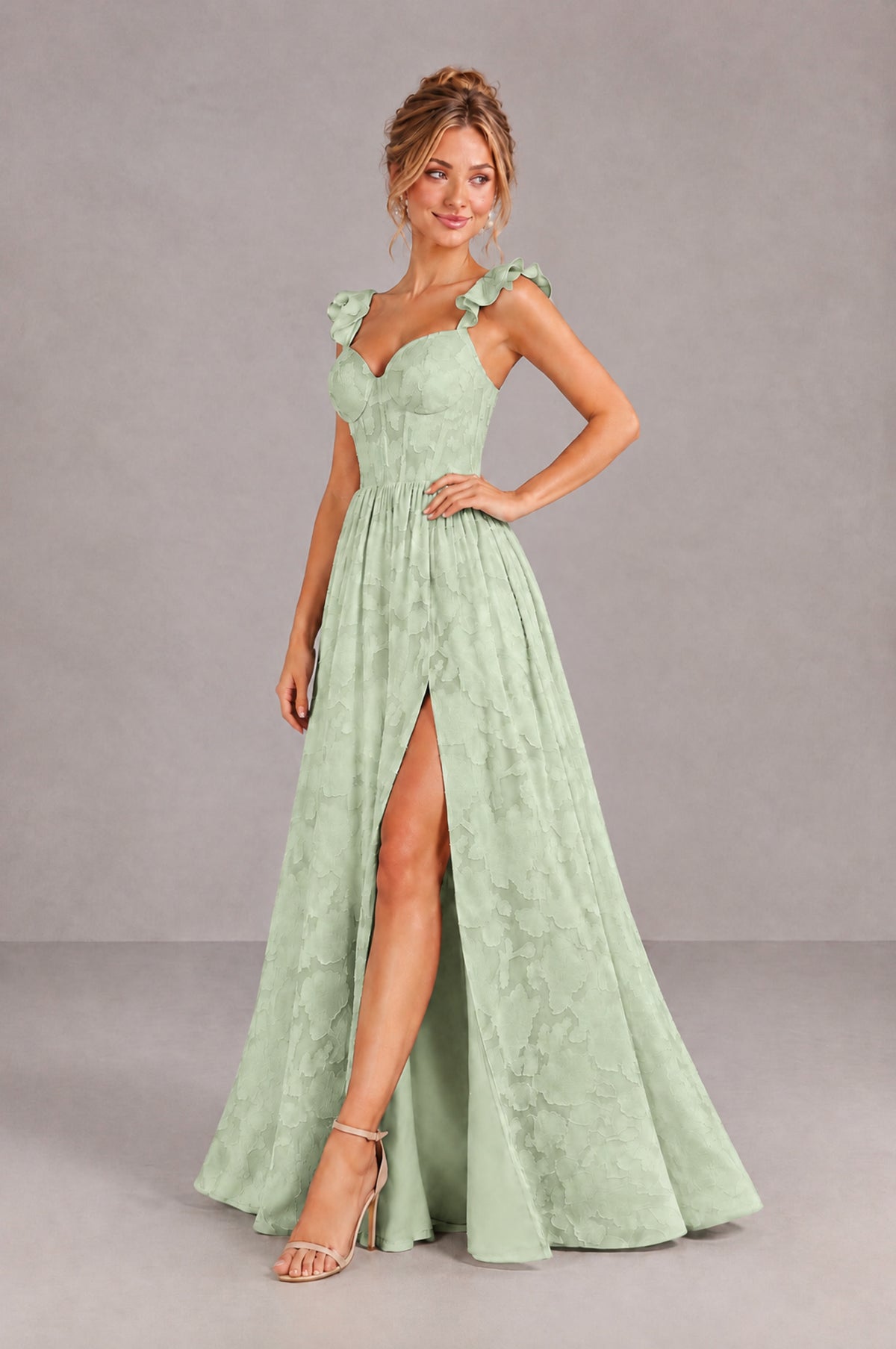 BOLODOO Sage Green Floral A-Line Bridesmaid Dress with Slit Ruffle Straps Maxi Gown - Sage Green - Sage Green_3