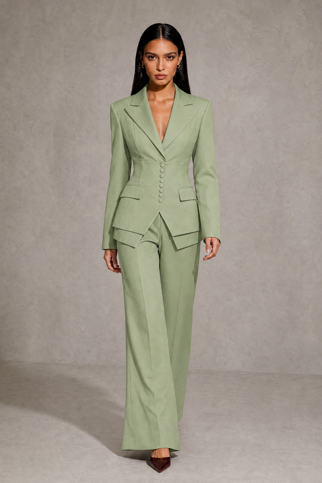 BOLODOO Sage Green Cinched Waist Blazer and Wide Leg Pants Two Piece Suit Set - Sage Green