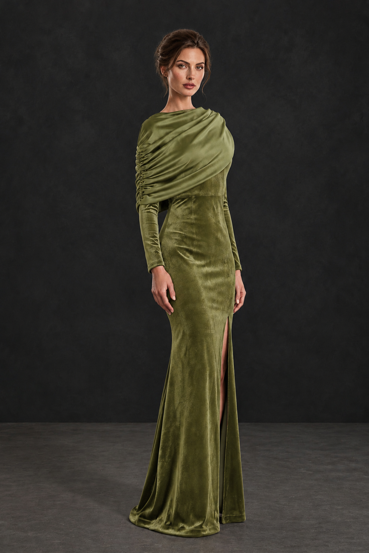 BOLODOO Sage Green Velvet Long Sleeve Draped Mother of the Bride Dress - Sage Green - Sage_Green_3