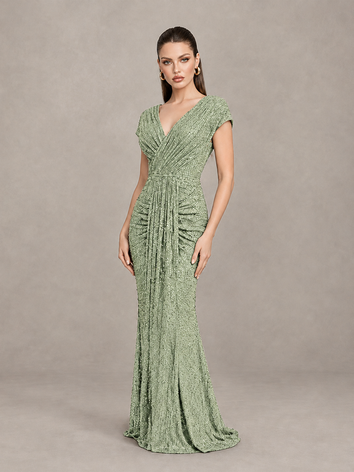BOLODOO Sage Green Glitter V-Neck Cap Sleeve Ruched Mermaid Evening Gown - Sage Green - Sage Green_3