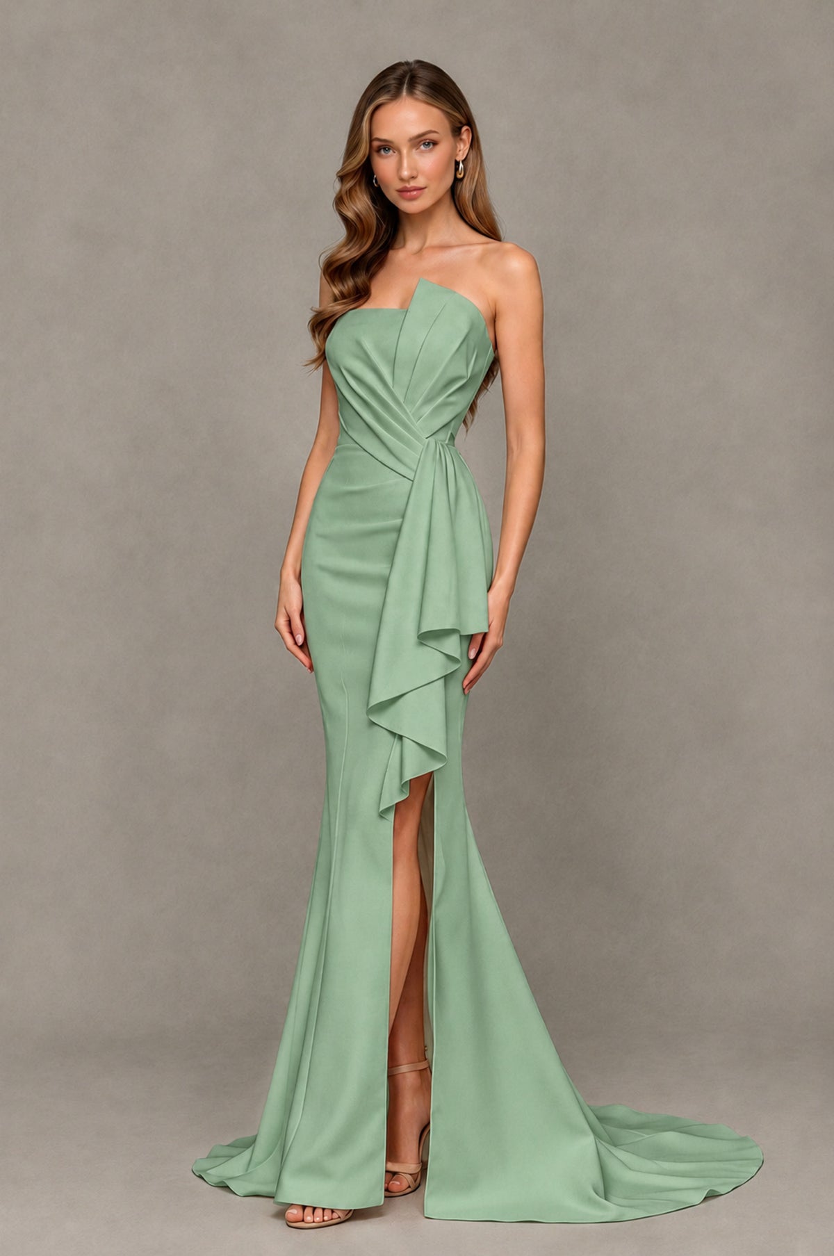 BOLODOO Sage Green Strapless Mermaid Evening Dress with Ruffle Slit and Train - Sage Green - Sage Green_3