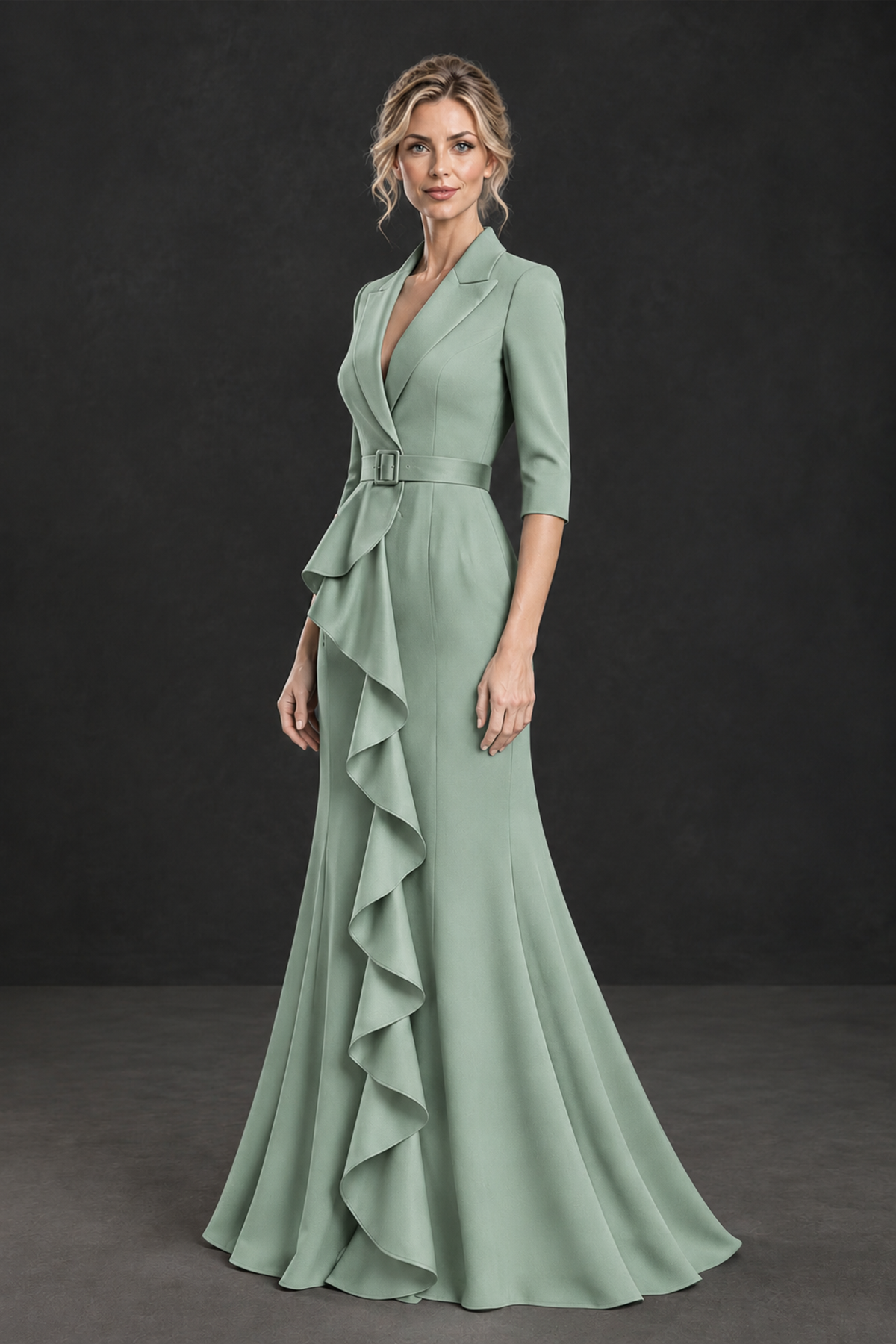 BOLODOO Sage Green Lapel Ruffle Mother of the Bride Dress with Belt - Sage Green - Sage Green_3