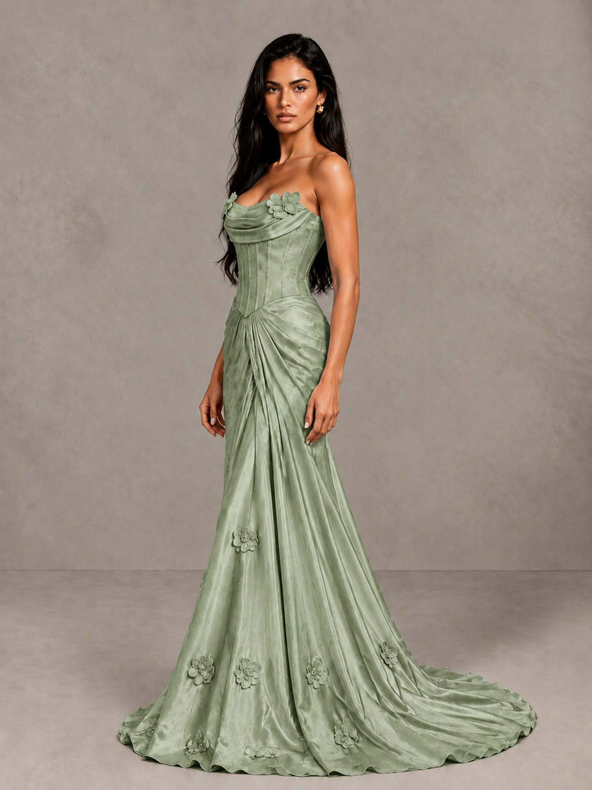 BOLODOO Sage Green Strapless Floral Corset Evening Gown with Train - Sage Green - Sage Green_3