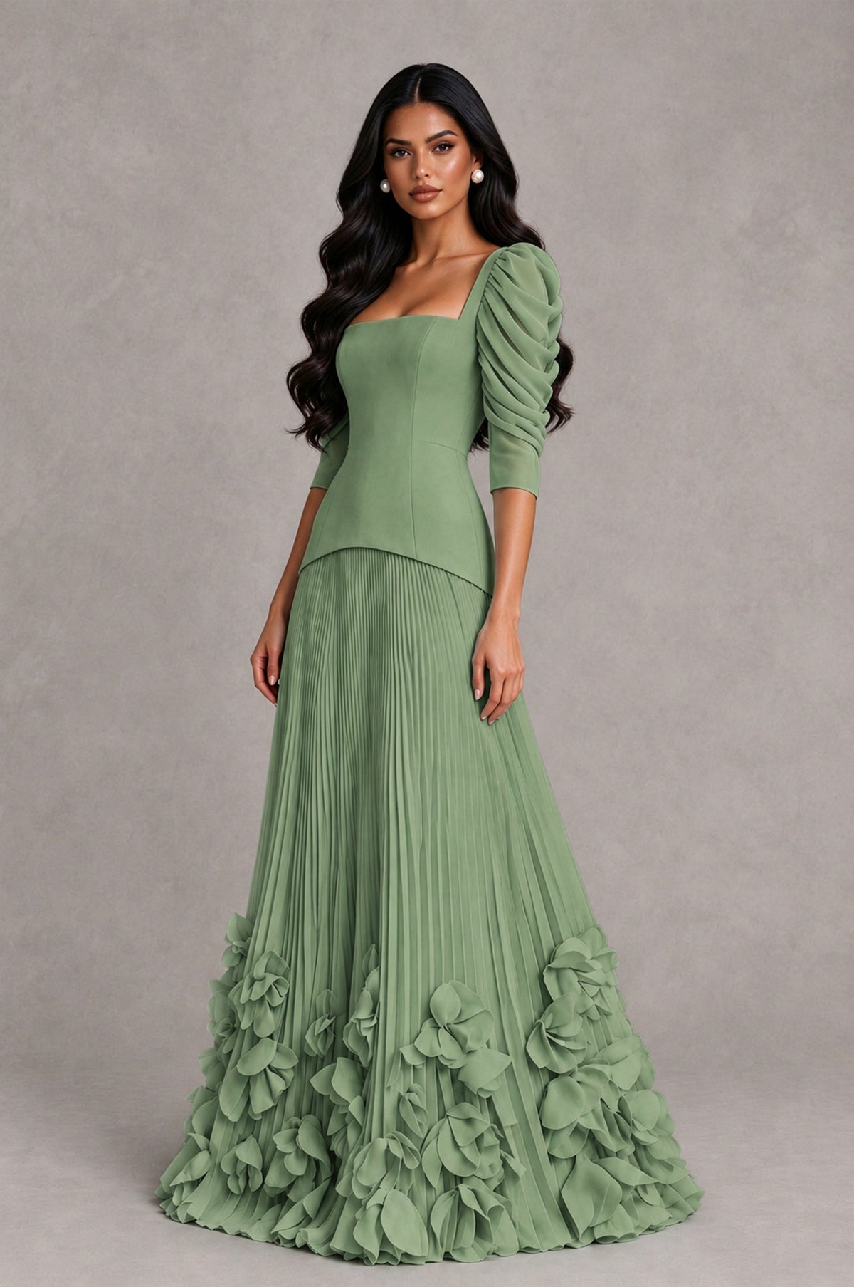BOLODOO Sage Green Square Neck Pleated Floral Applique Evening Dress - Sage Green - Sage Green_3