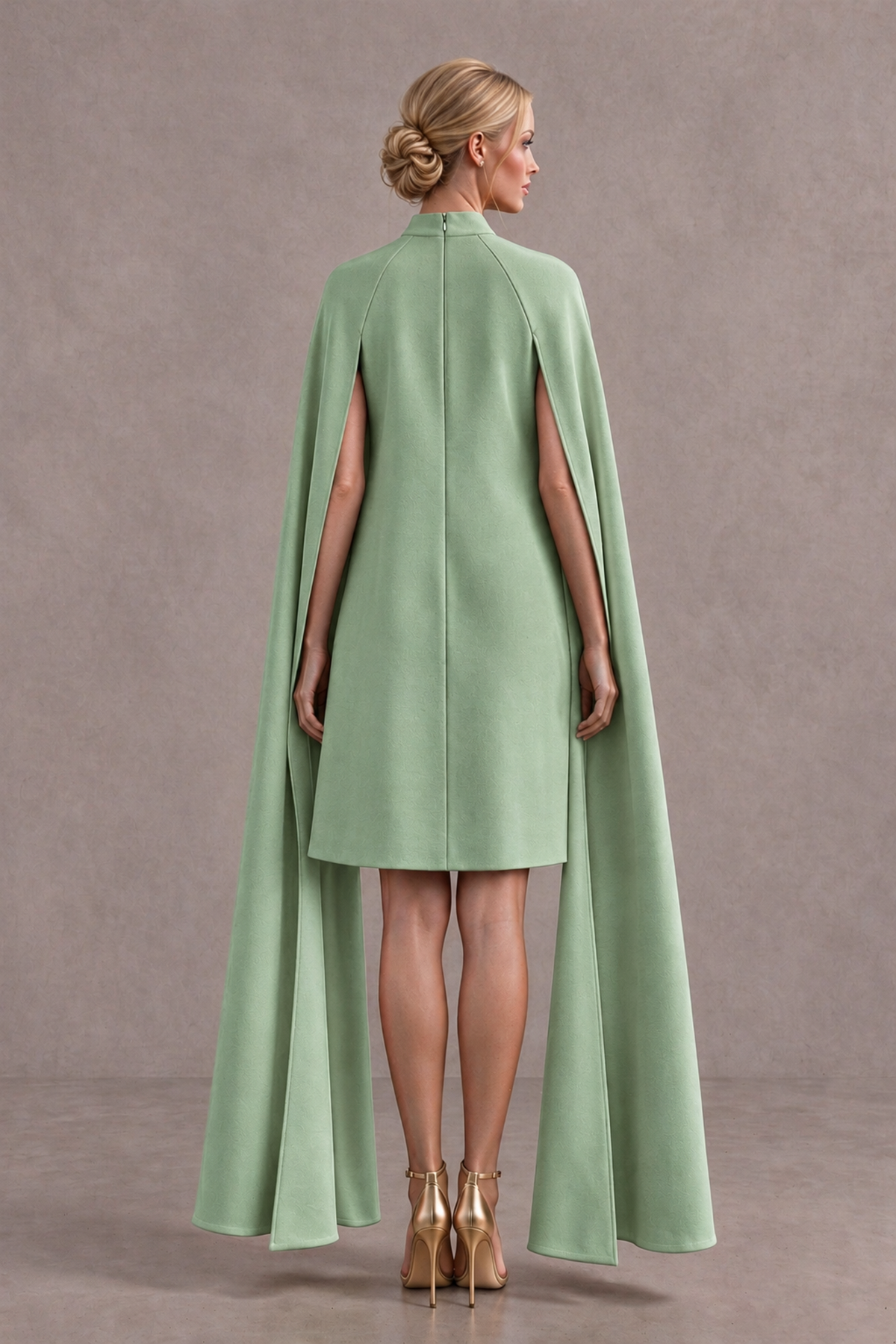 BOLODOO Sage Green High Neck Floral Cape Mini Cocktail Dress - Sage Green - Sage Green_3