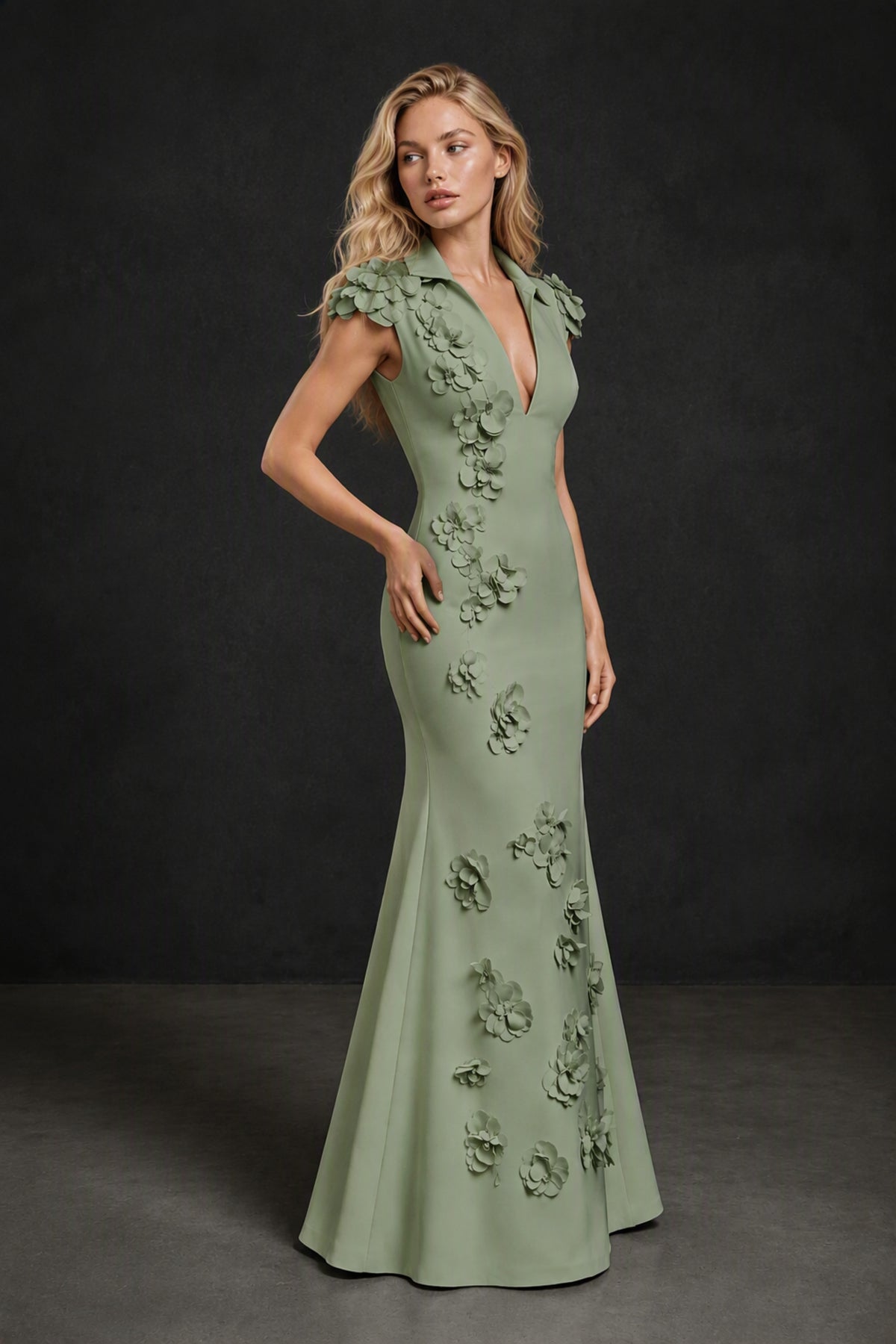 BOLODOO Sage Green 3D Floral Appliqué Deep V-Neck Cap Sleeve Mermaid Gown - Sage Green