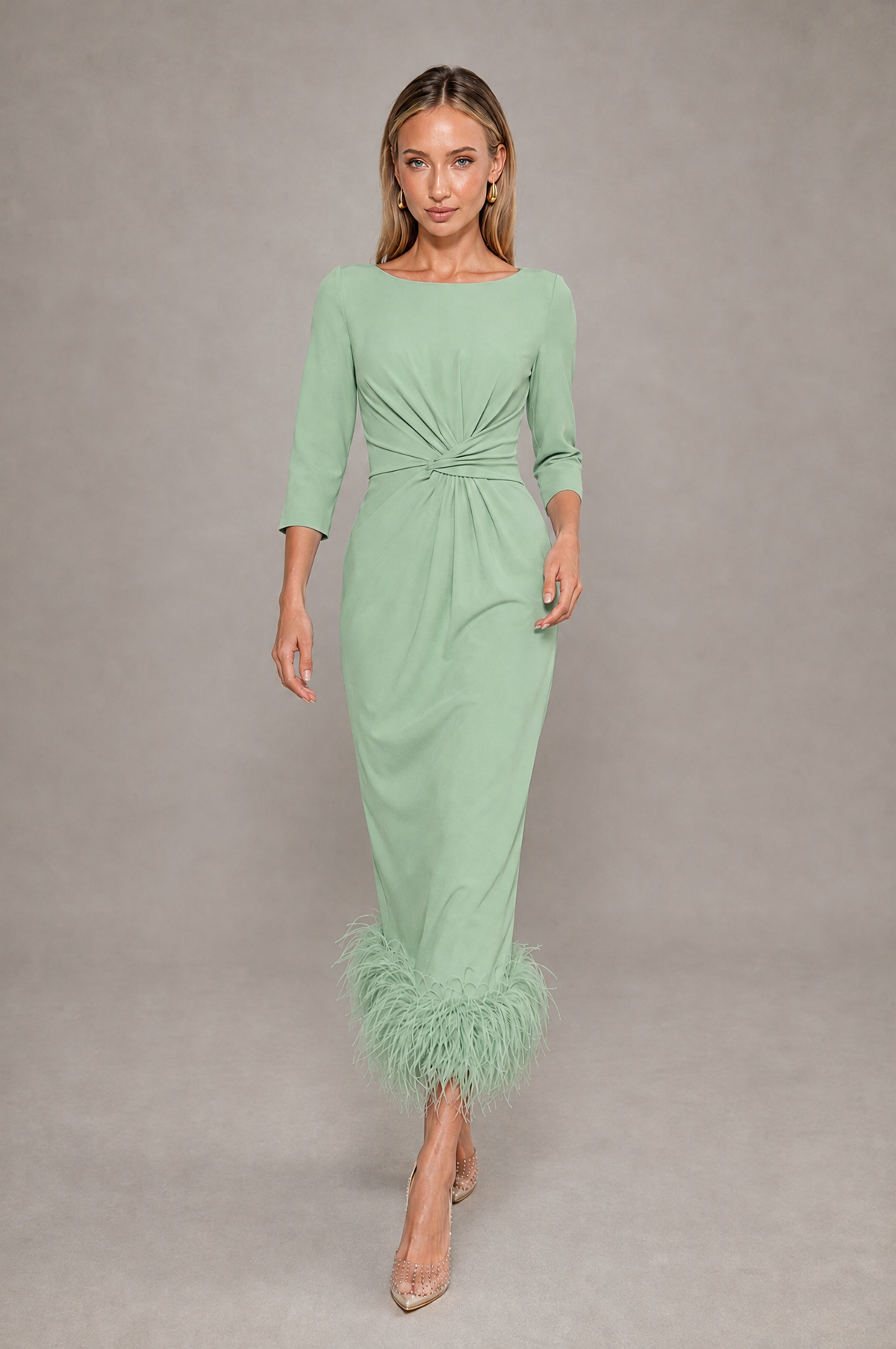 BOLODOO Sage Green Feather-Trim Twist-Waist Midi Dress - Sage Green - Sage_Green_3
