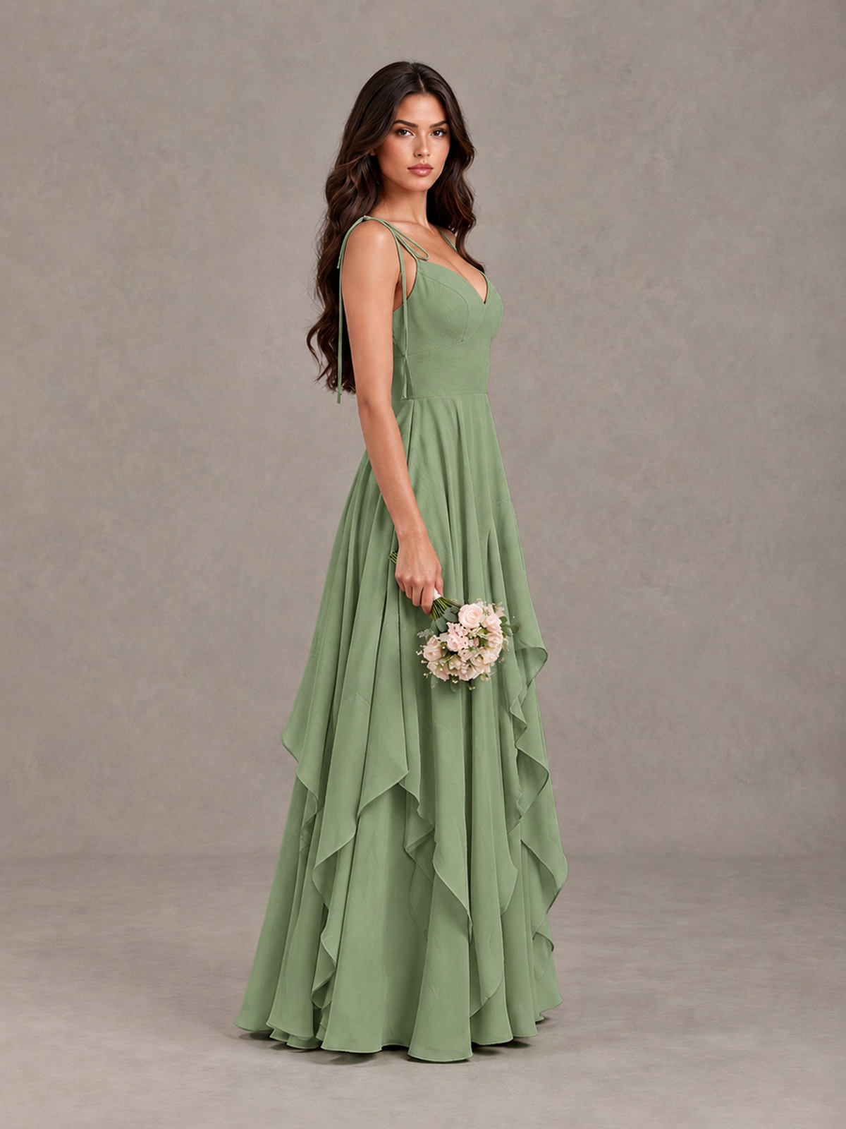 BOLODOO Sage Green Tie-Strap Ruffle A-Line Bridesmaid Dress - Sage Green - Sage Green_3