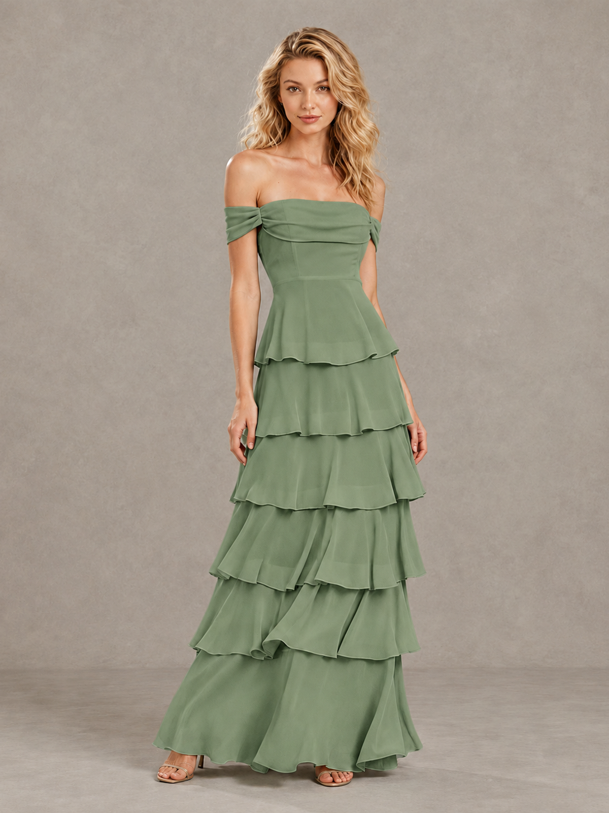BOLODOO Sage Green Off-Shoulder Tiered Ruffle Bridesmaid Dress with Lace-Up Back - Sage Green - Sage Green_3