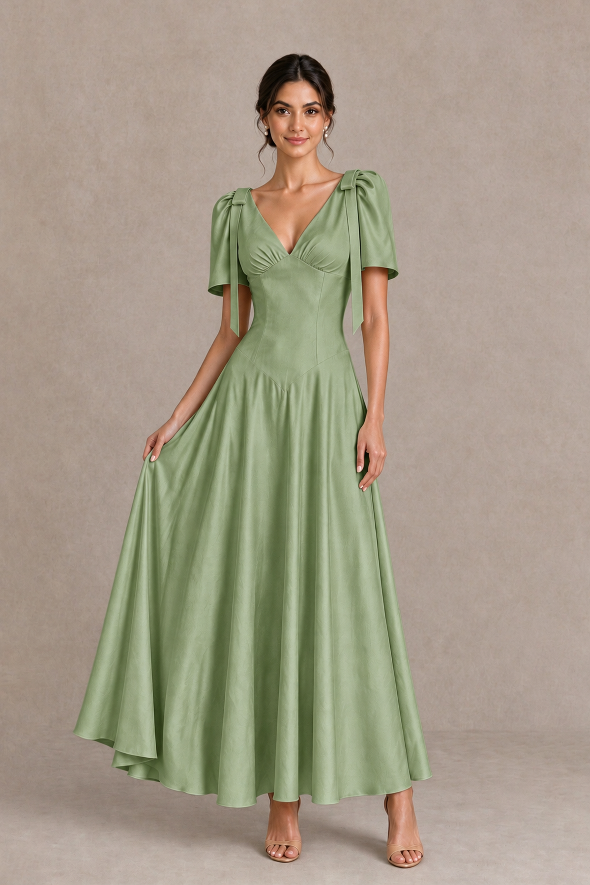 BOLODOO Sage Green V-Neck Short Sleeve Satin-Look Bridesmaid Dress with Shoulder Bows - Sage Green - Sage Green_3